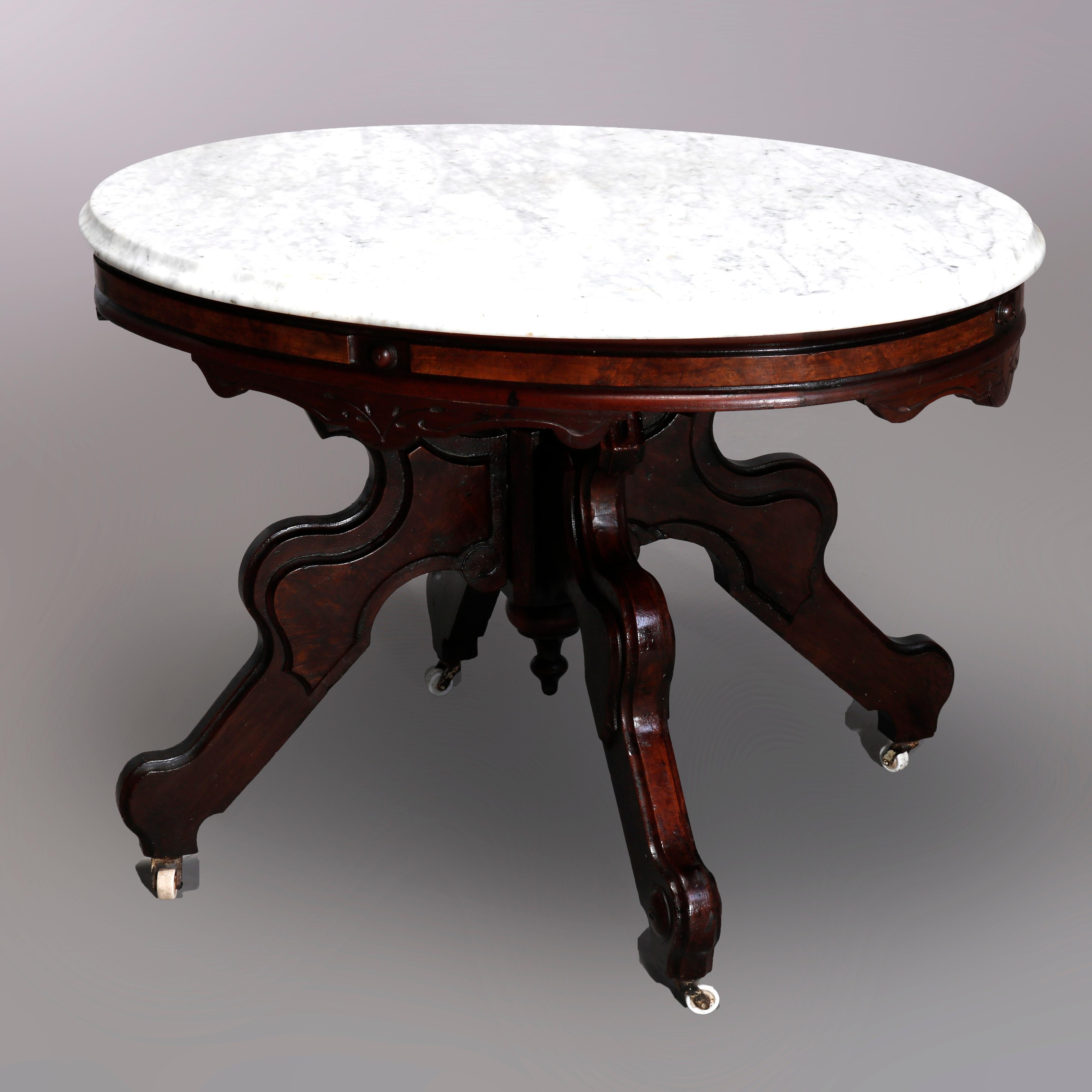 Antique Eastlake Walnut & Burl Marble Top Low Table, Circa 1890 4