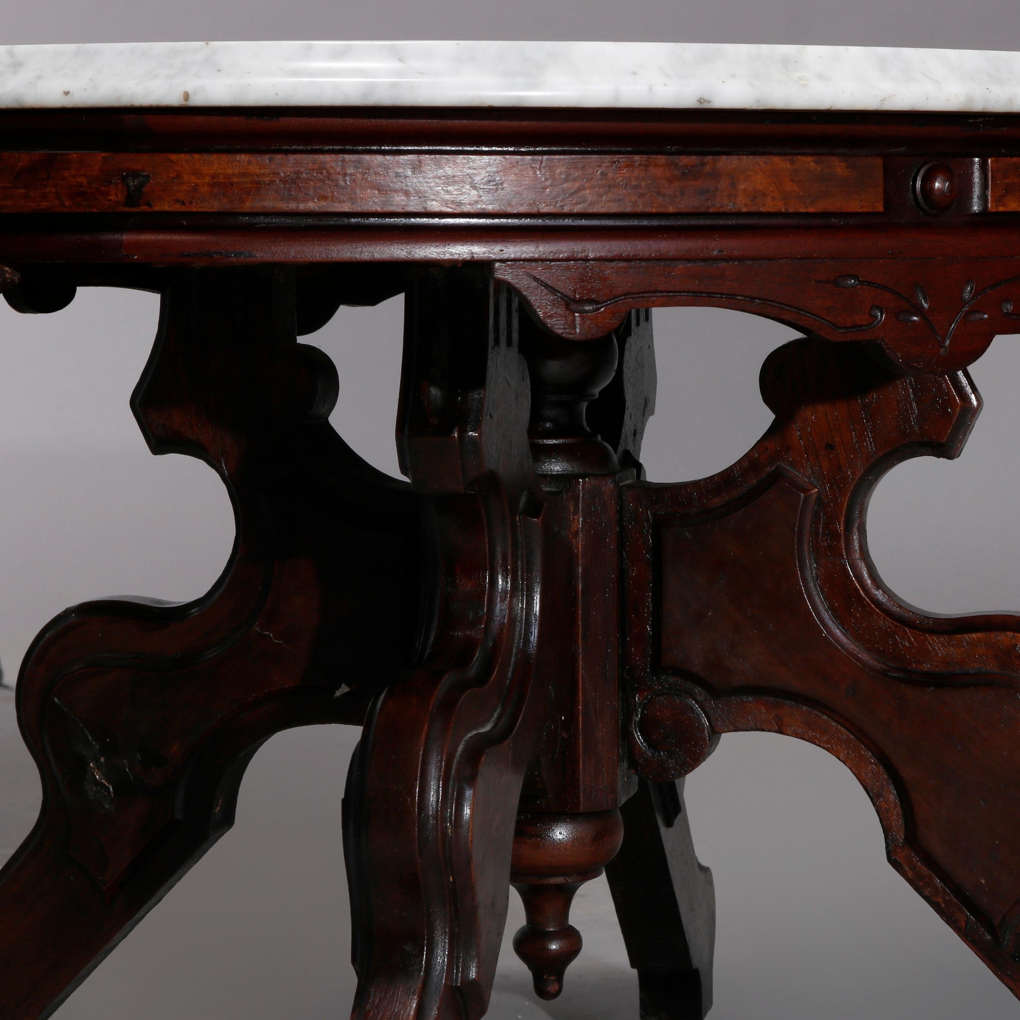 American Antique Eastlake Walnut & Burl Marble Top Low Table, Circa 1890