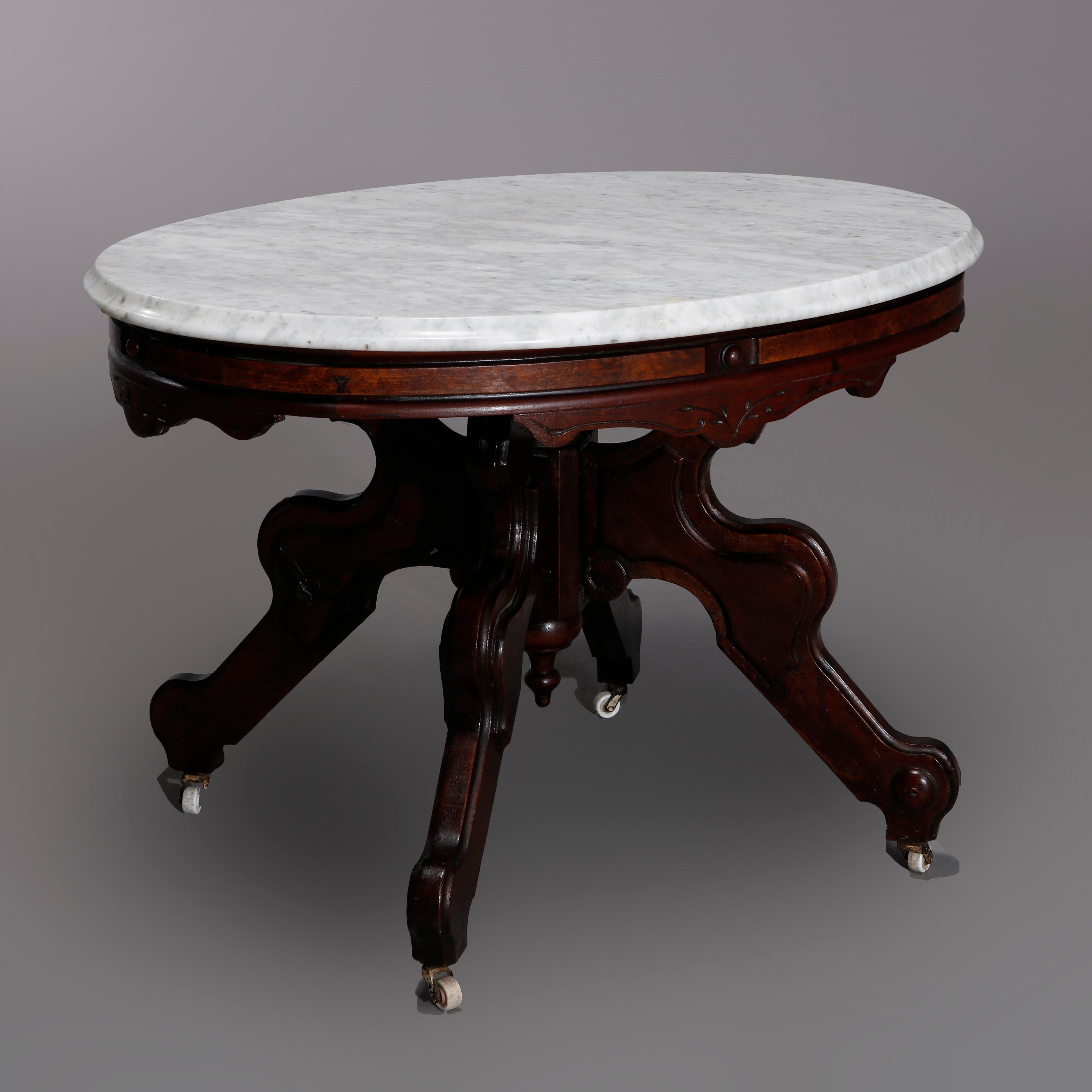 Antique Eastlake Walnut & Burl Marble Top Low Table, Circa 1890 3