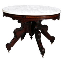 Antiker antiker Eastlake-Tisch aus Nussbaum und Wurzelholz mit Marmorplatte, um 1890