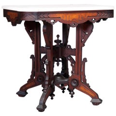 Antique Eastlake Walnut & Burl Marble Top Parlor Table, Circa 1880