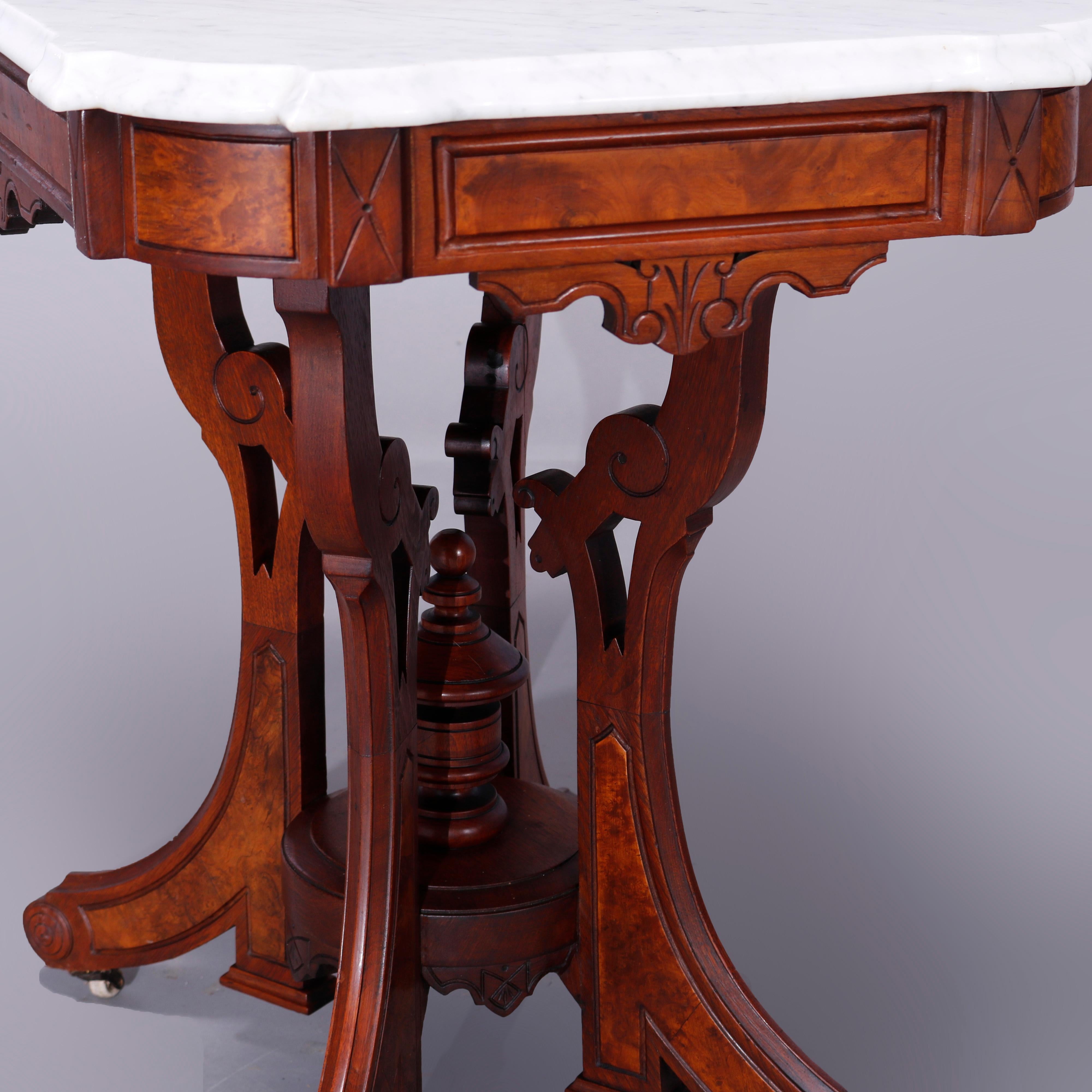 Antique Eastlake Walnut & Burl Marble Top Parlor Table, circa 1890 1