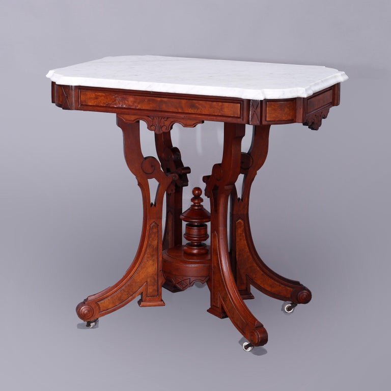 Antique Eastlake Walnut and Burl Marble Top Parlor Table, circa 1890 at