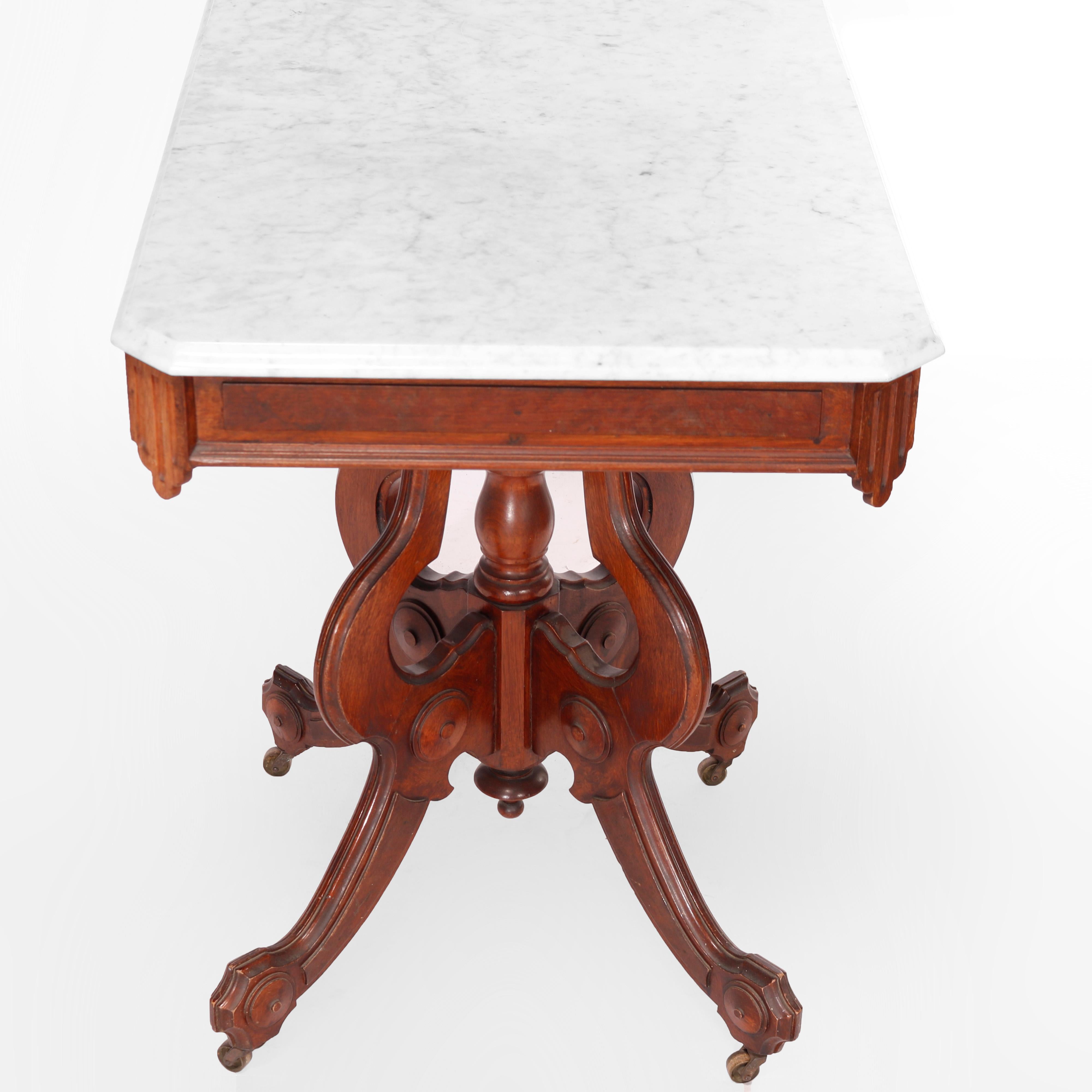 American Antique Eastlake Walnut & Burl Marble Top Parlor Table circa 1890 For Sale