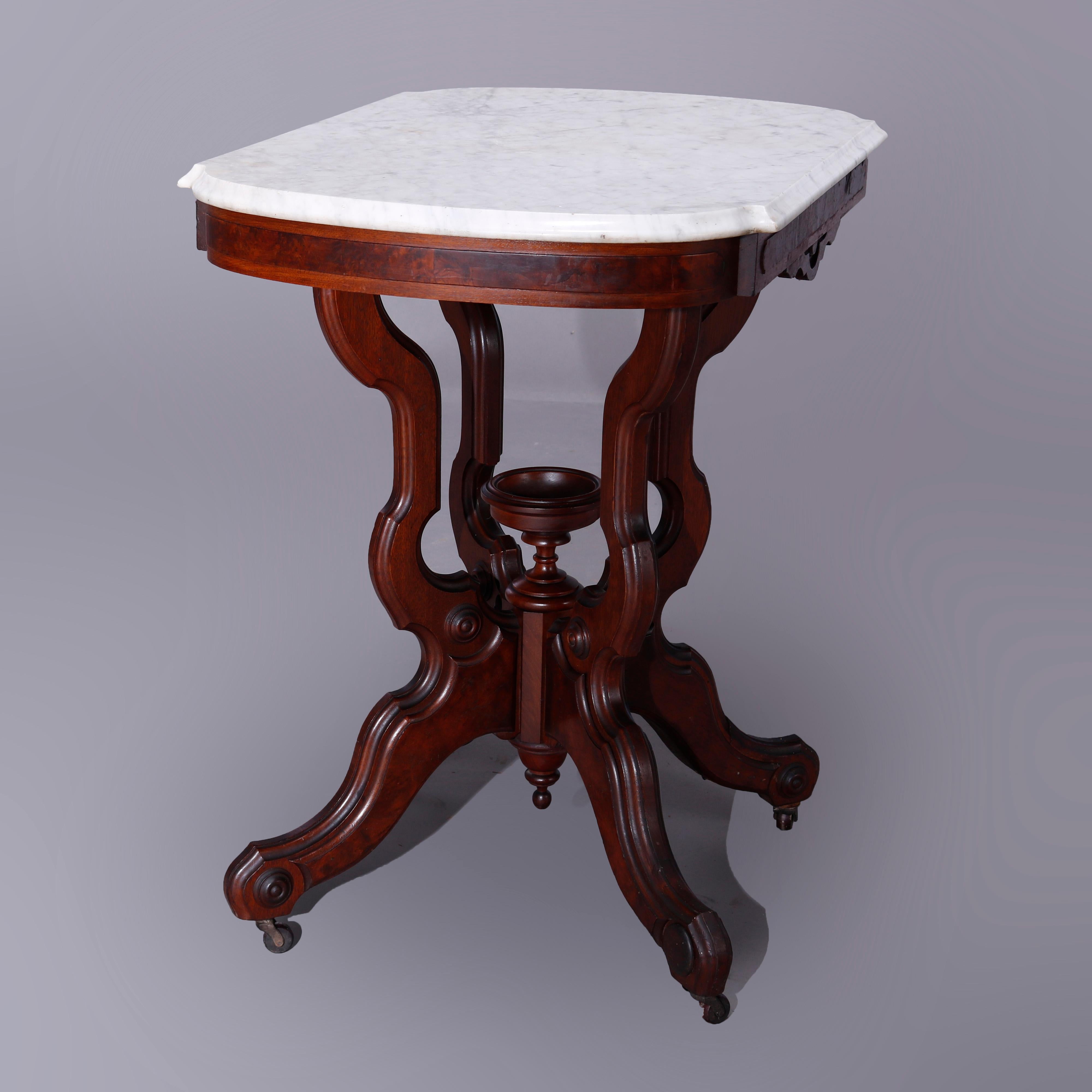 European Antique Eastlake Walnut & Burl Marble Top Parlor Table, circa 1890