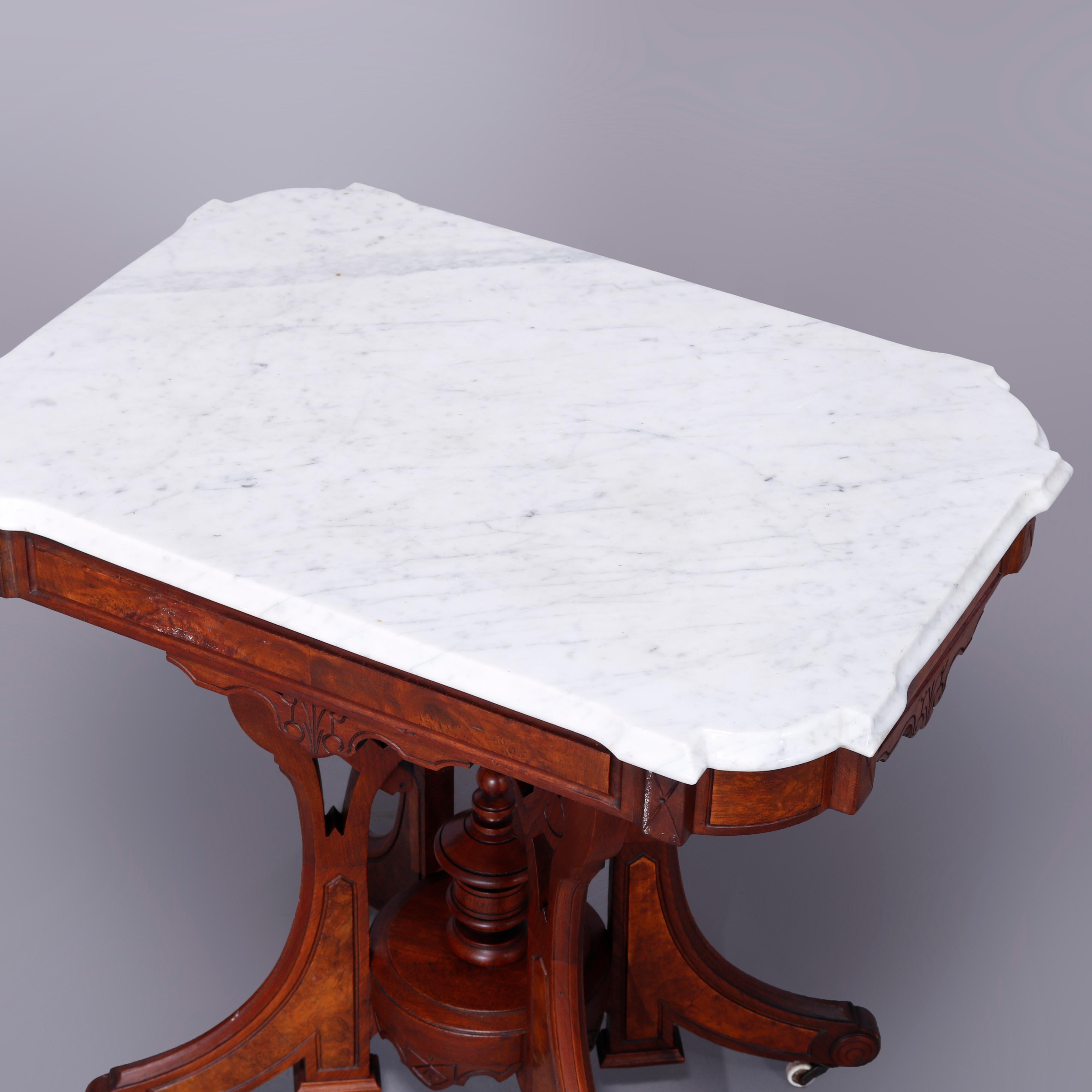 European Antique Eastlake Walnut & Burl Marble Top Parlor Table, circa 1890