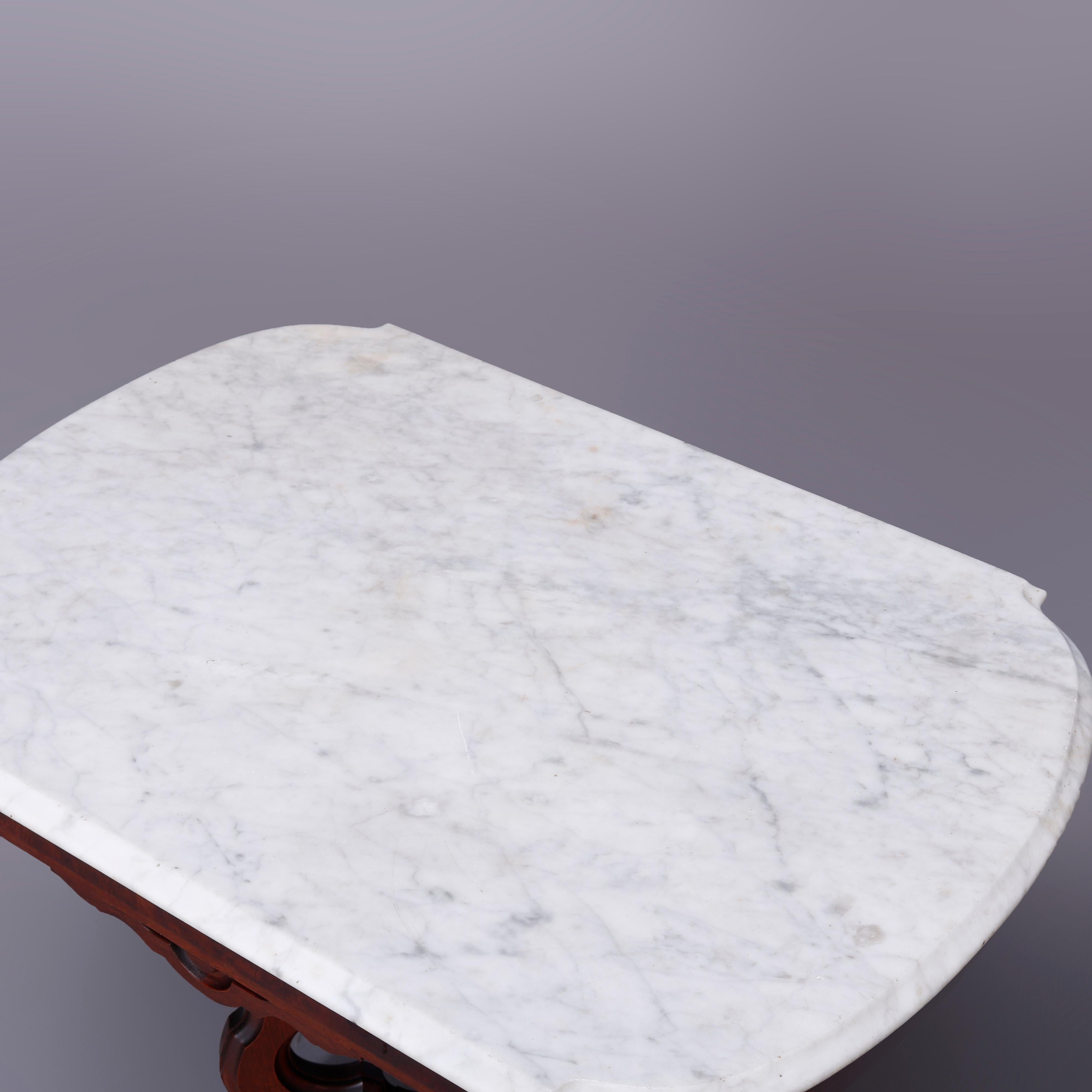 Beveled Antique Eastlake Walnut & Burl Marble Top Parlor Table, circa 1890