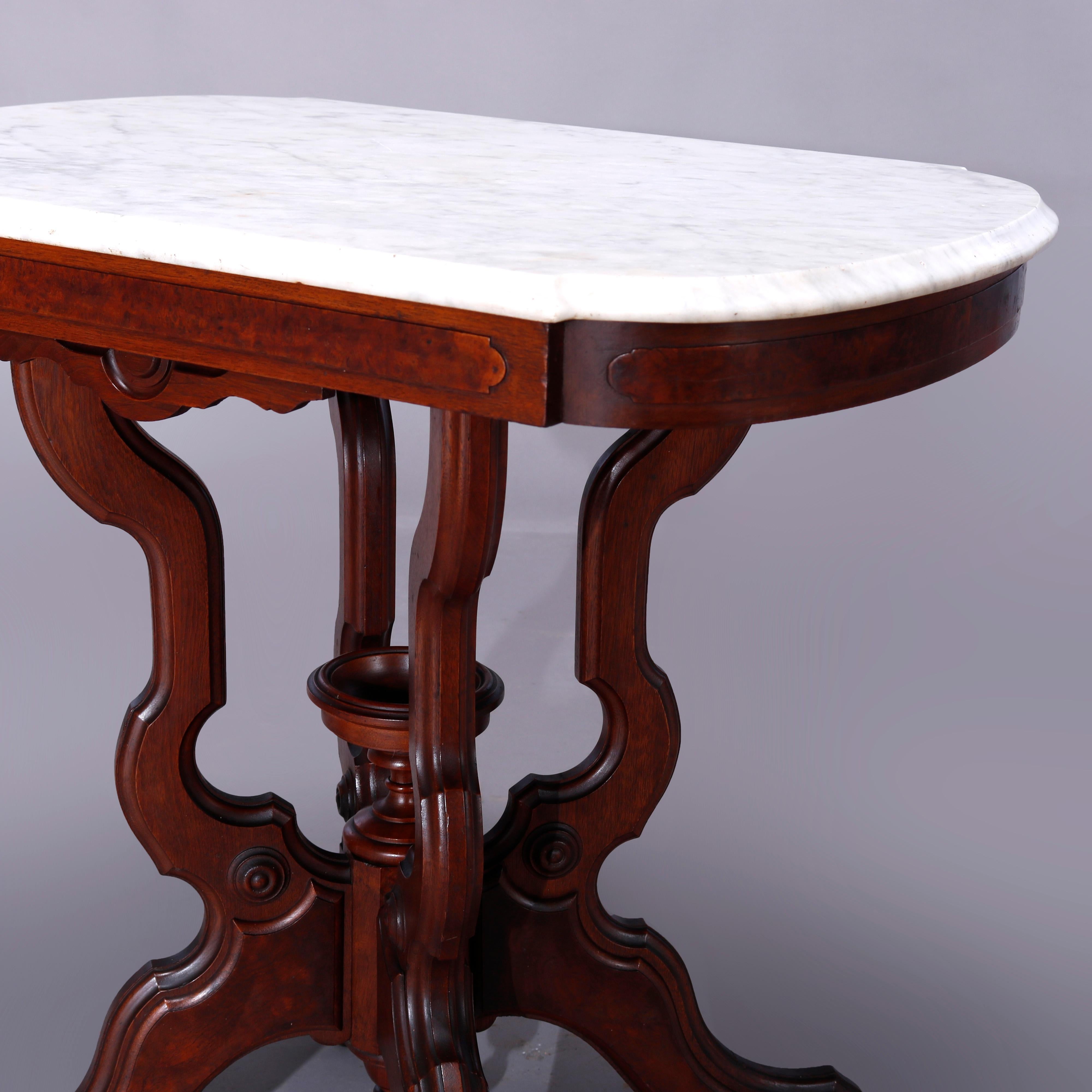 Antique Eastlake Walnut & Burl Marble Top Parlor Table, circa 1890 In Good Condition In Big Flats, NY