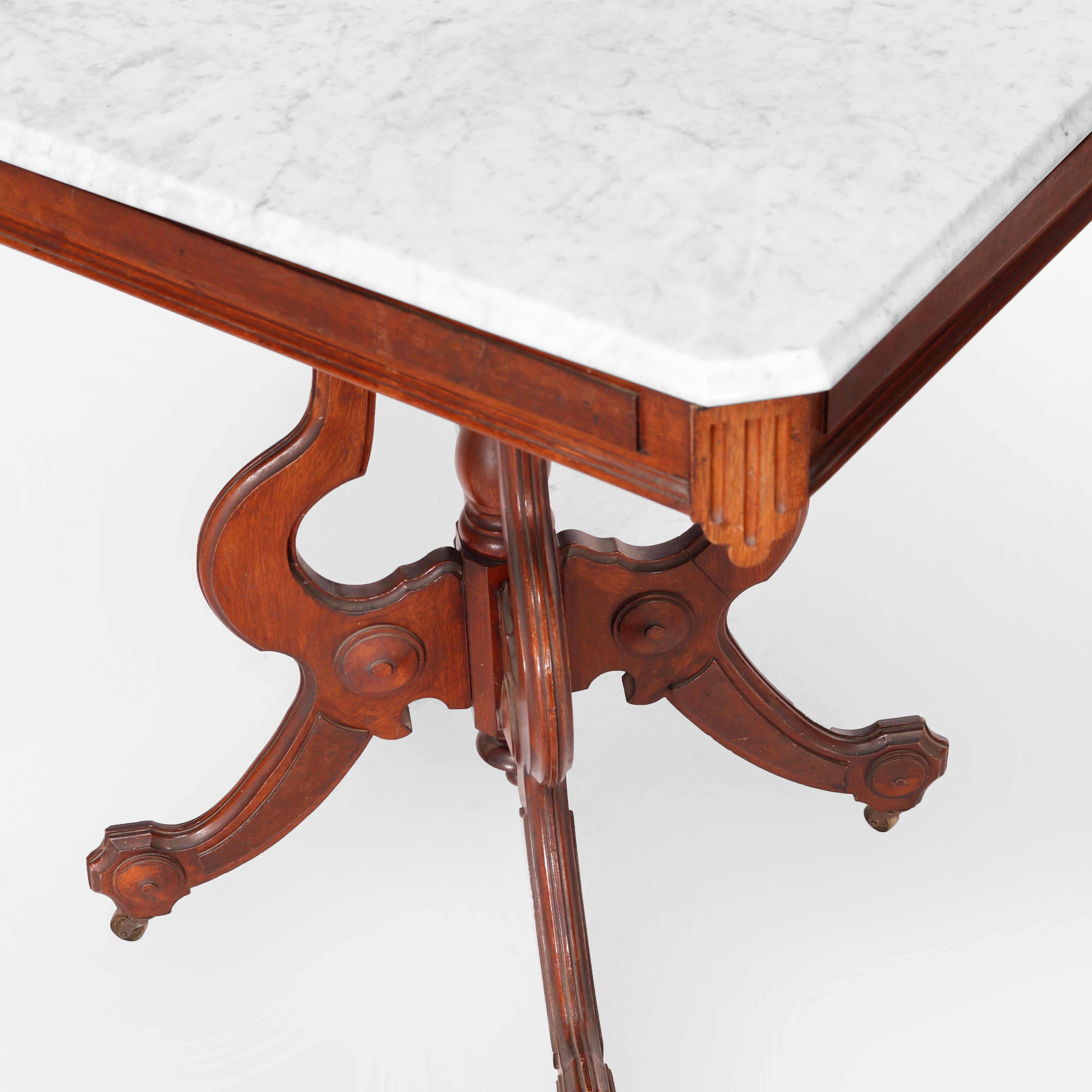 Antiker Eastlake-Parlor-Tisch aus Nussbaum und Wurzelholz mit Marmorplatte, um 1890 im Angebot 2