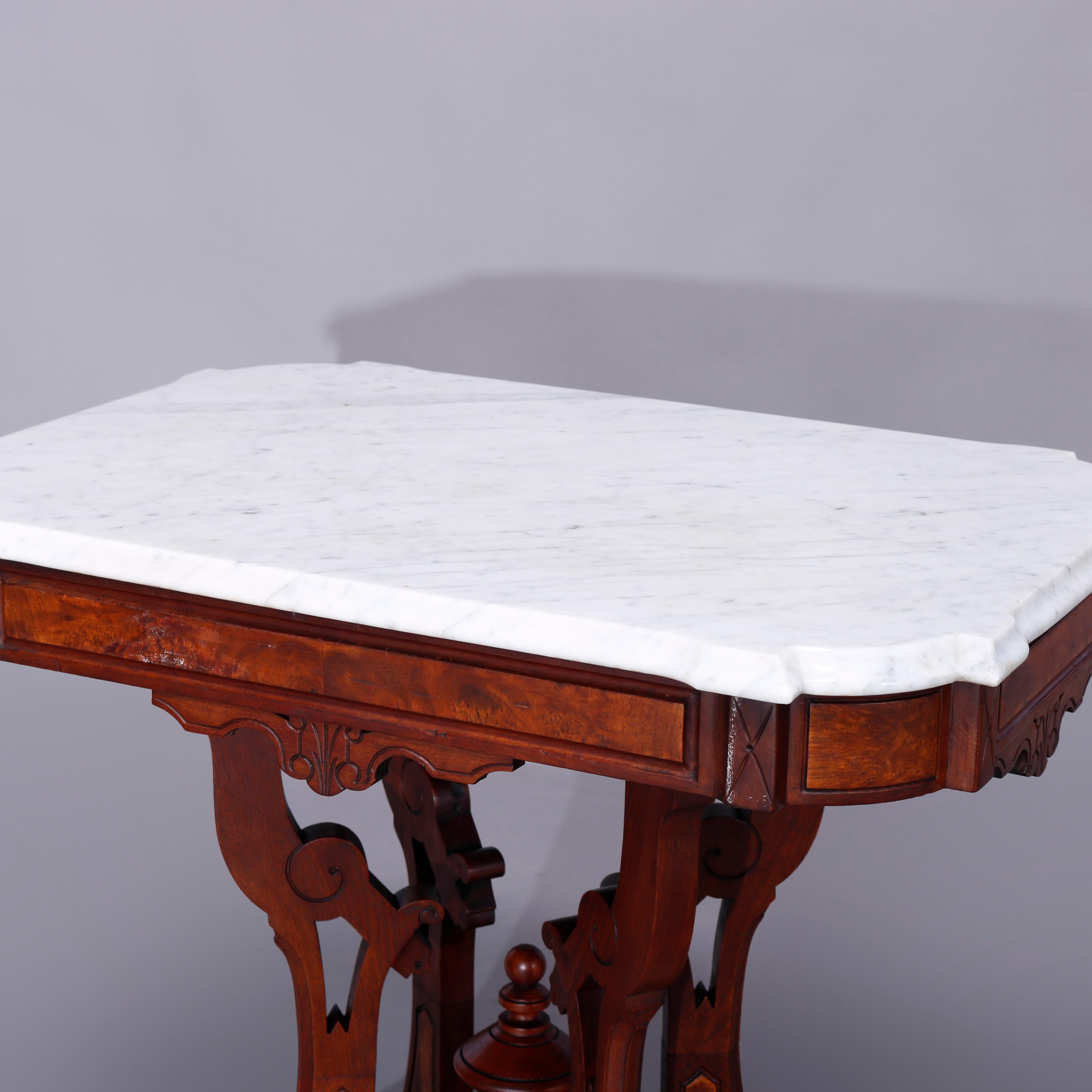 Antique Eastlake Walnut & Burl Marble Top Parlor Table, circa 1890 In Good Condition In Big Flats, NY