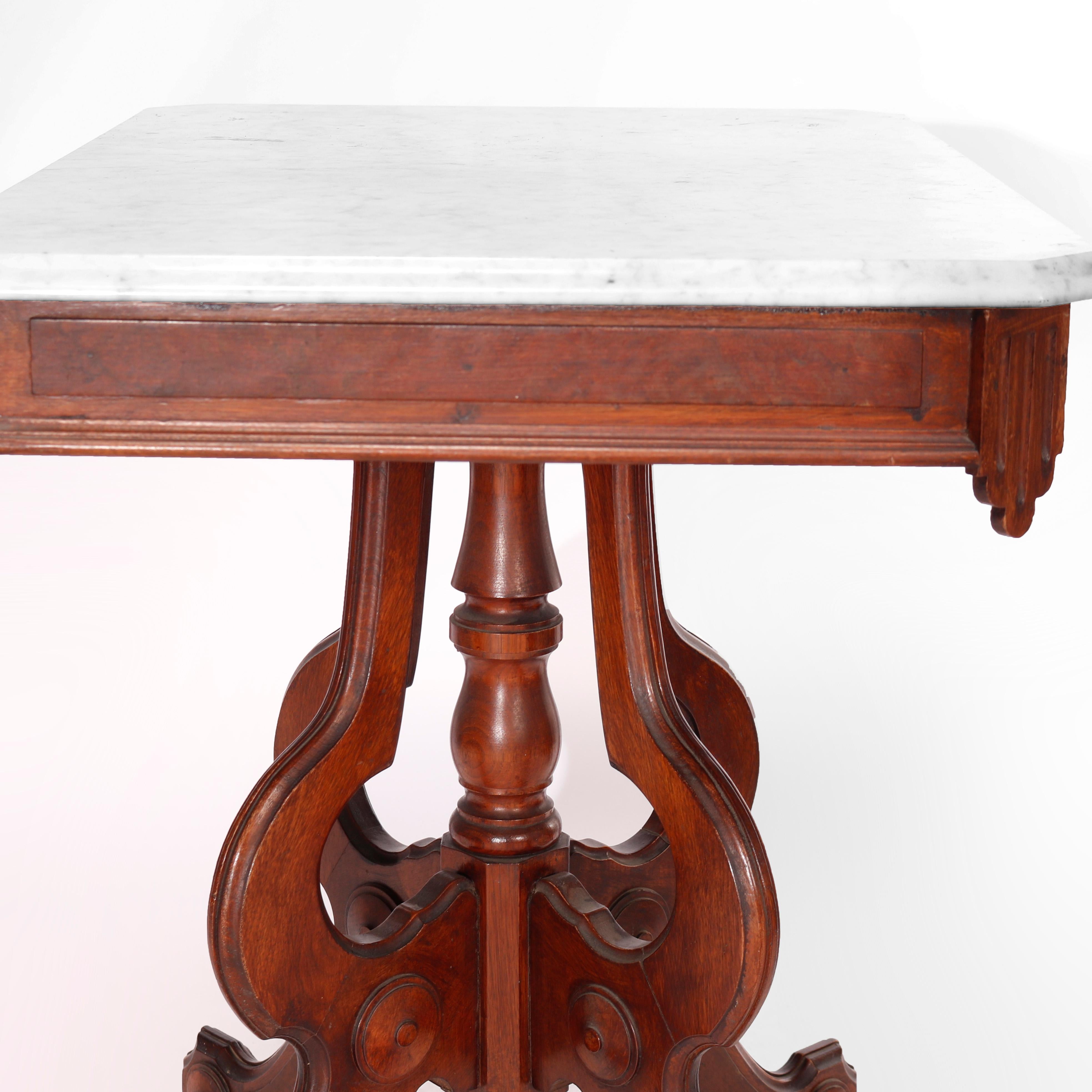 Antiker Eastlake-Parlor-Tisch aus Nussbaum und Wurzelholz mit Marmorplatte, um 1890 im Angebot 4