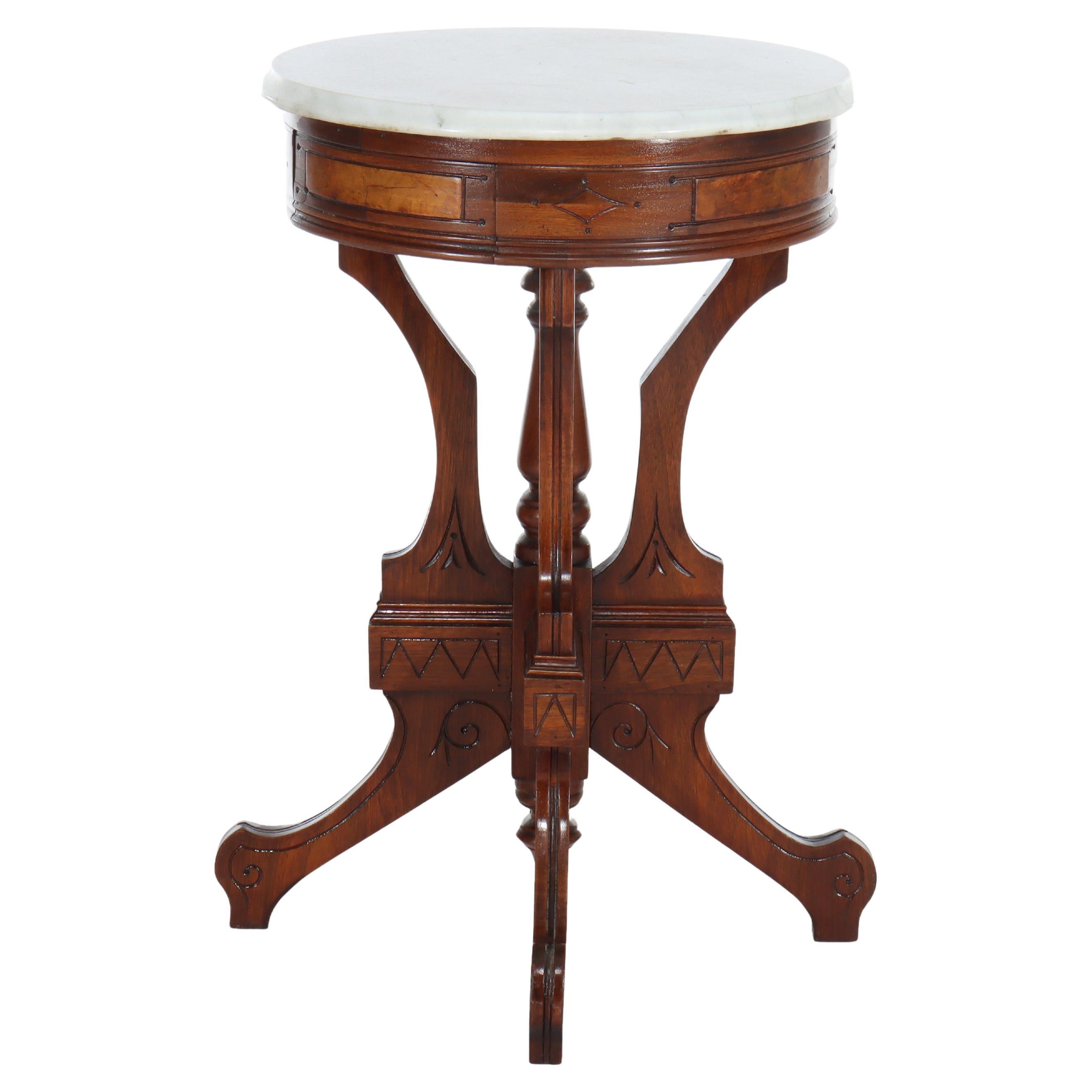 Antique Eastlake Walnut 
Burl Marble Top Side Stand C1890 For Sale