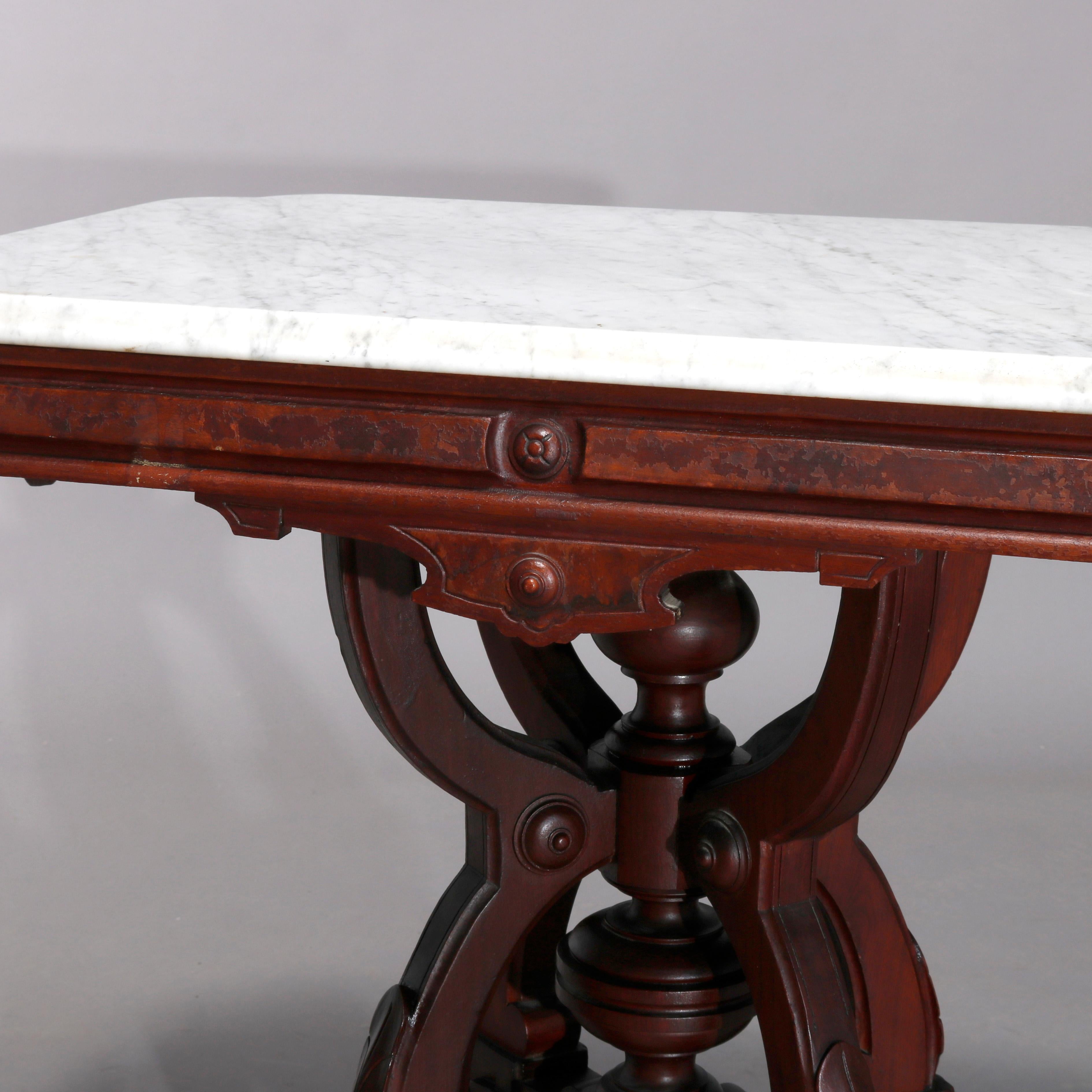 American Antique Eastlake Walnut & Burl Marble Top Table, Circa 1890