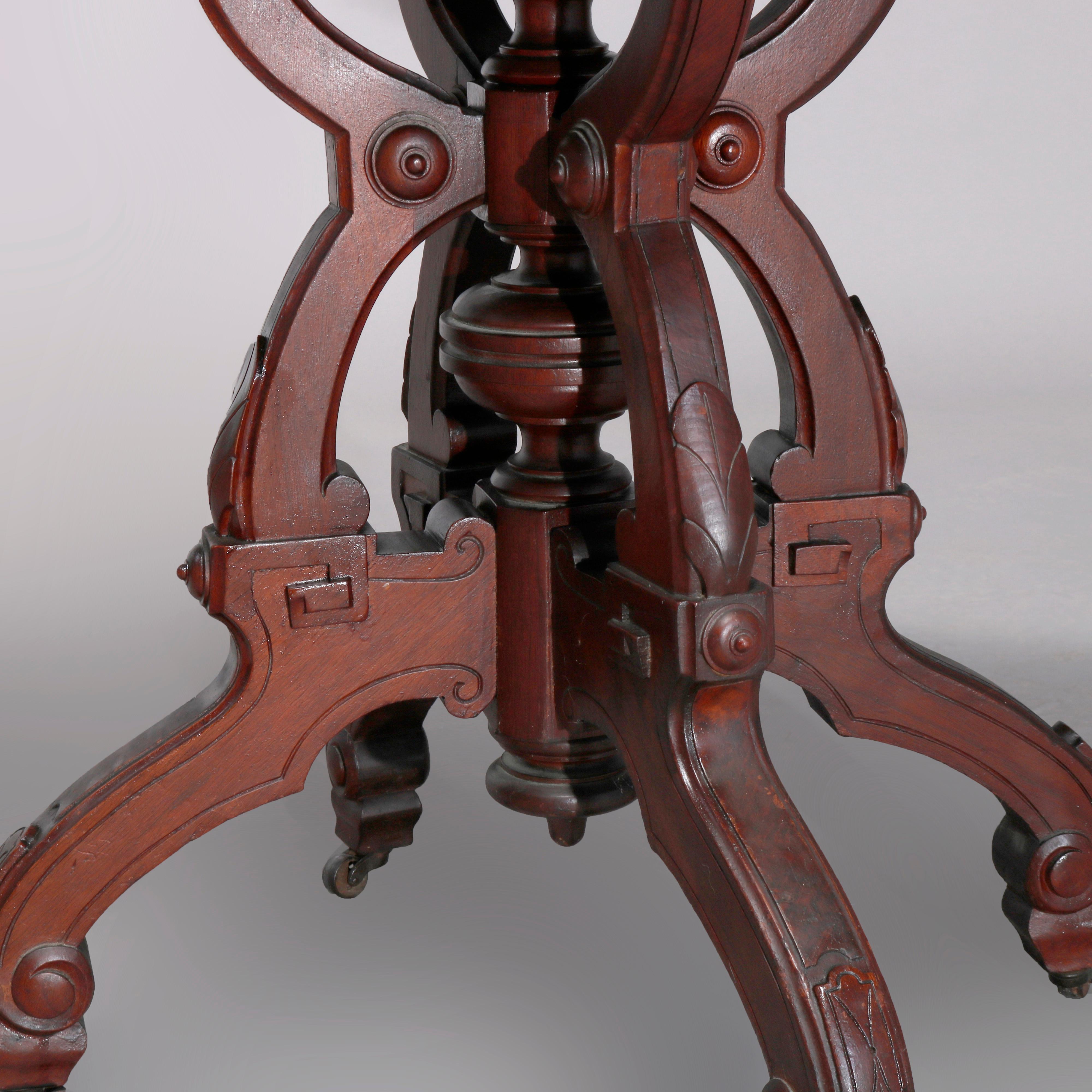 Carved Antique Eastlake Walnut & Burl Marble Top Table, Circa 1890