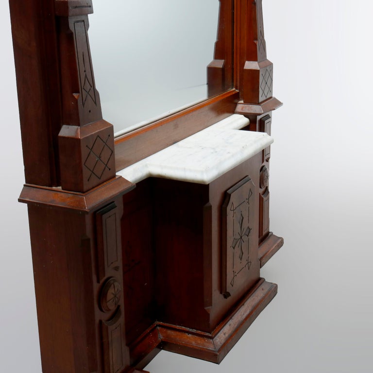 Antique Eastlake Walnut and Burl Pier Mirror with Marble Base, Circa