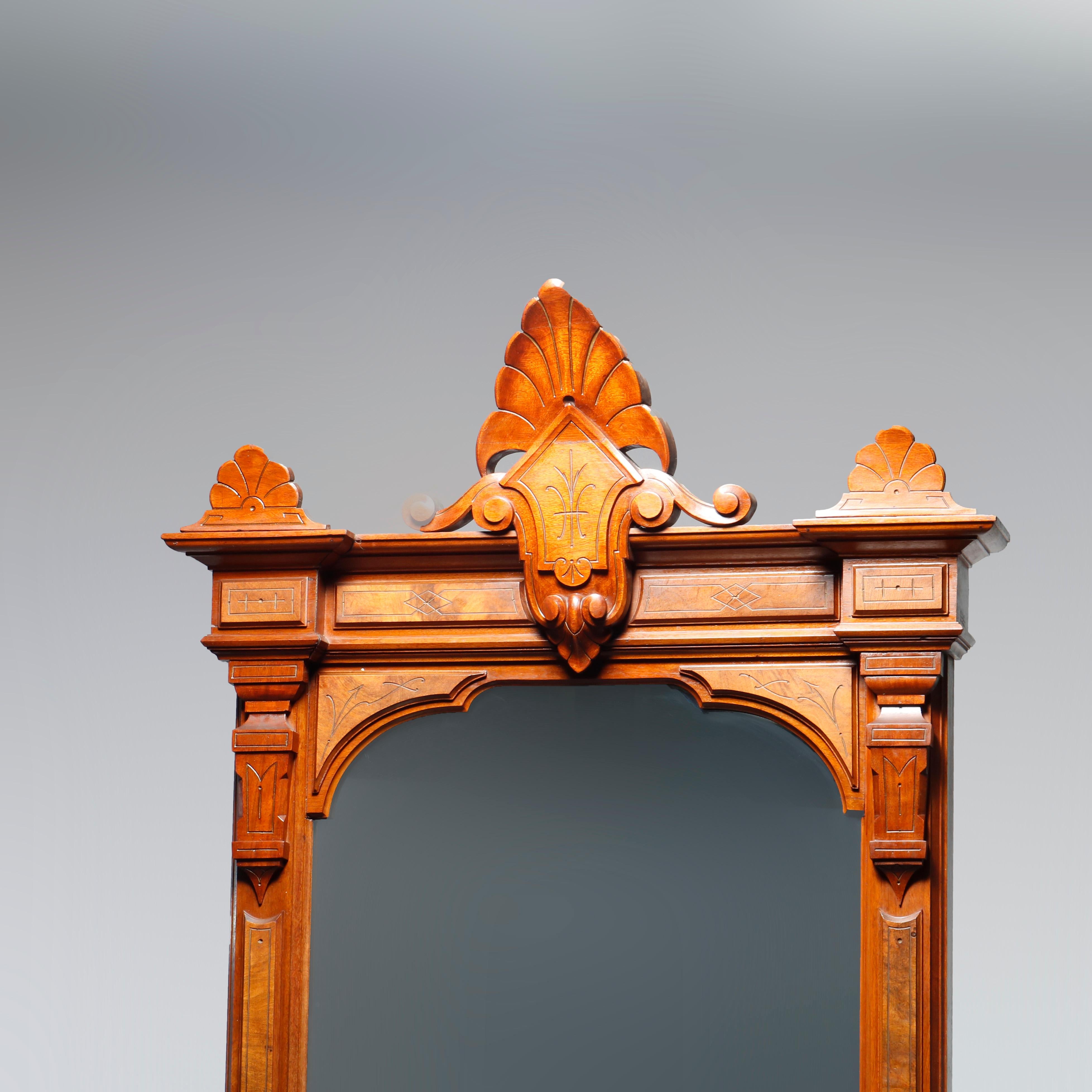 Carved Antique Eastlake Walnut & Burl Pier Mirror with Marble Base, Circa 1880