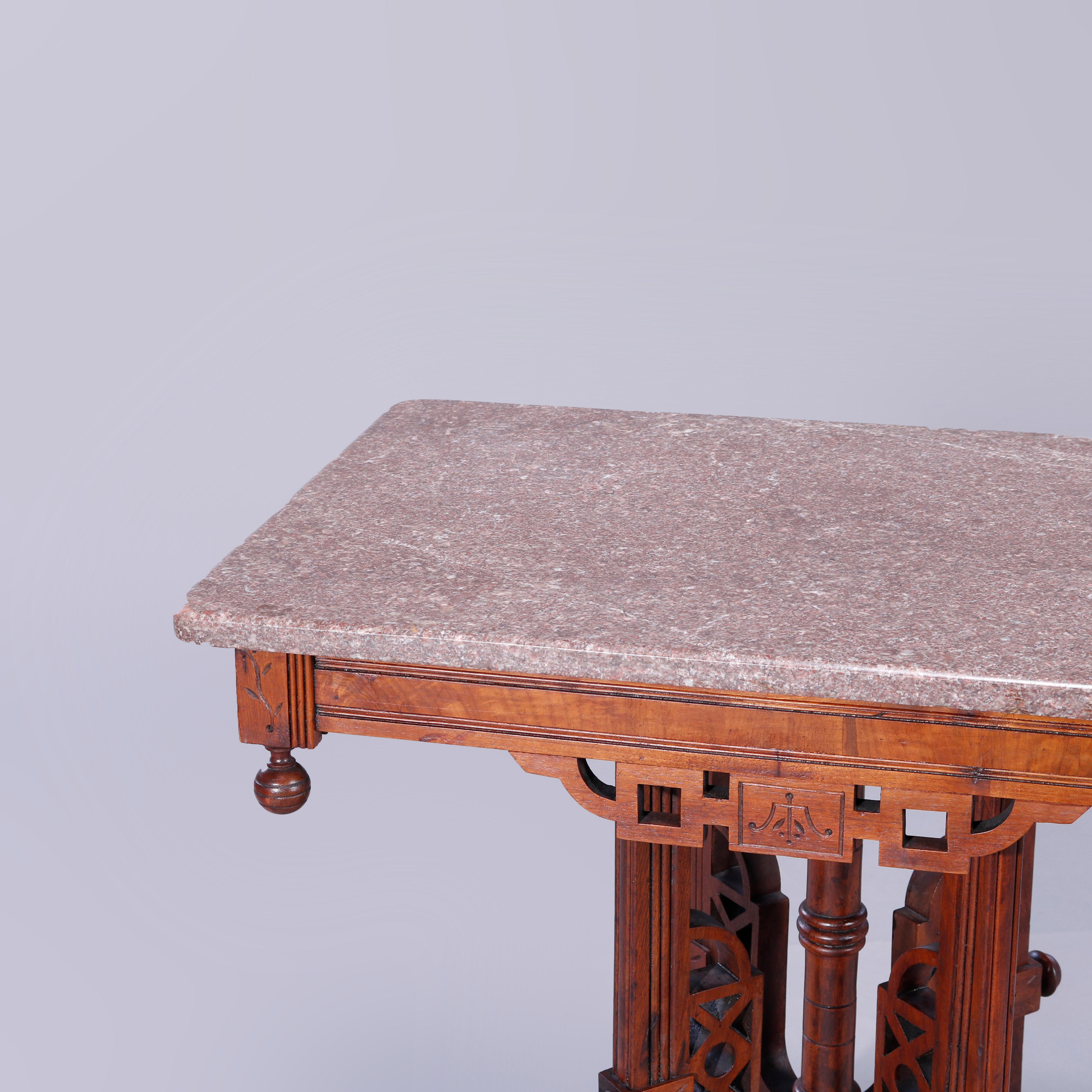 Antiker Parlor-Tisch aus Eastlake-Walnussholz, Wurzelholz und Rouge-Marmor, um 1890 im Angebot 5