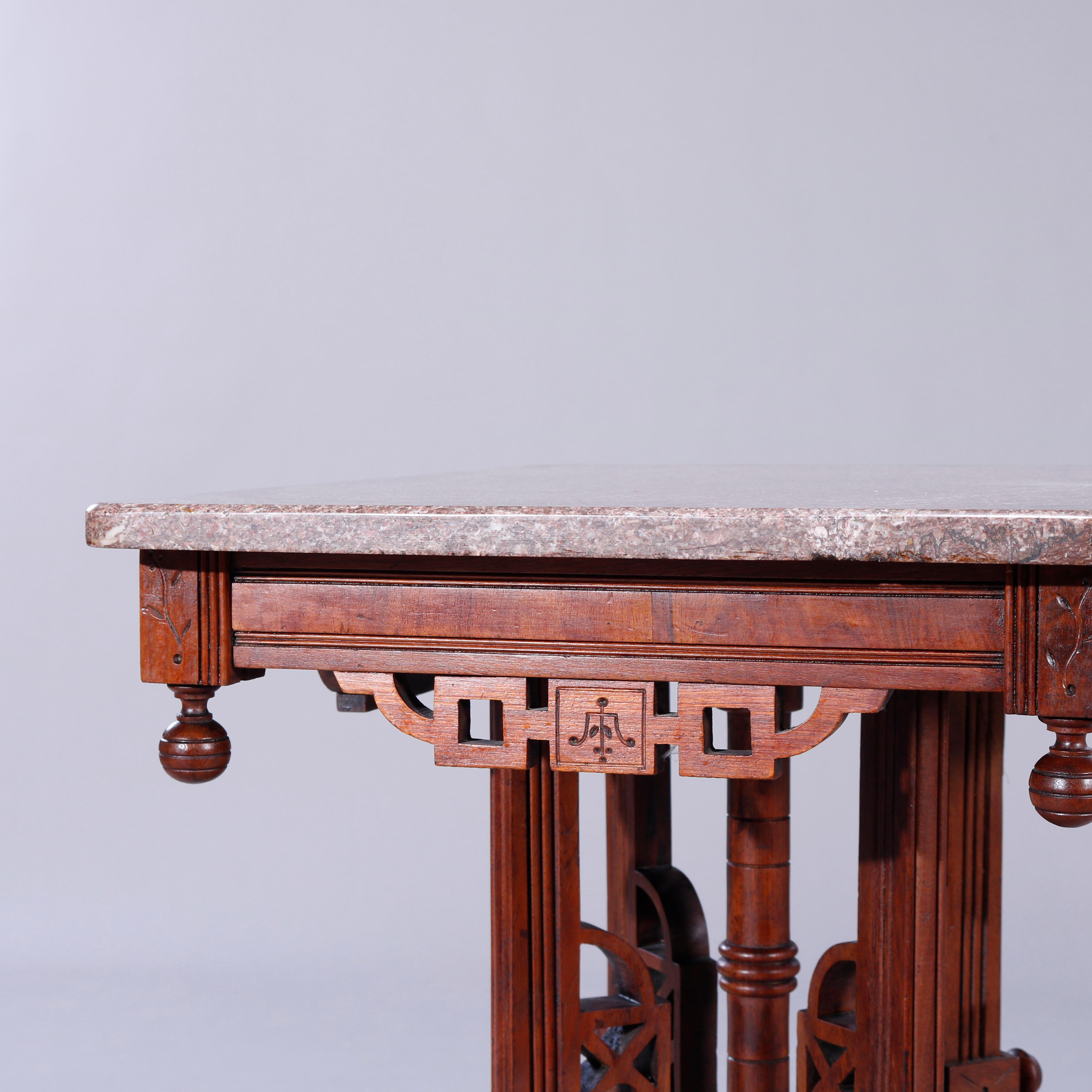 Antiker Parlor-Tisch aus Eastlake-Walnussholz, Wurzelholz und Rouge-Marmor, um 1890 im Angebot 6