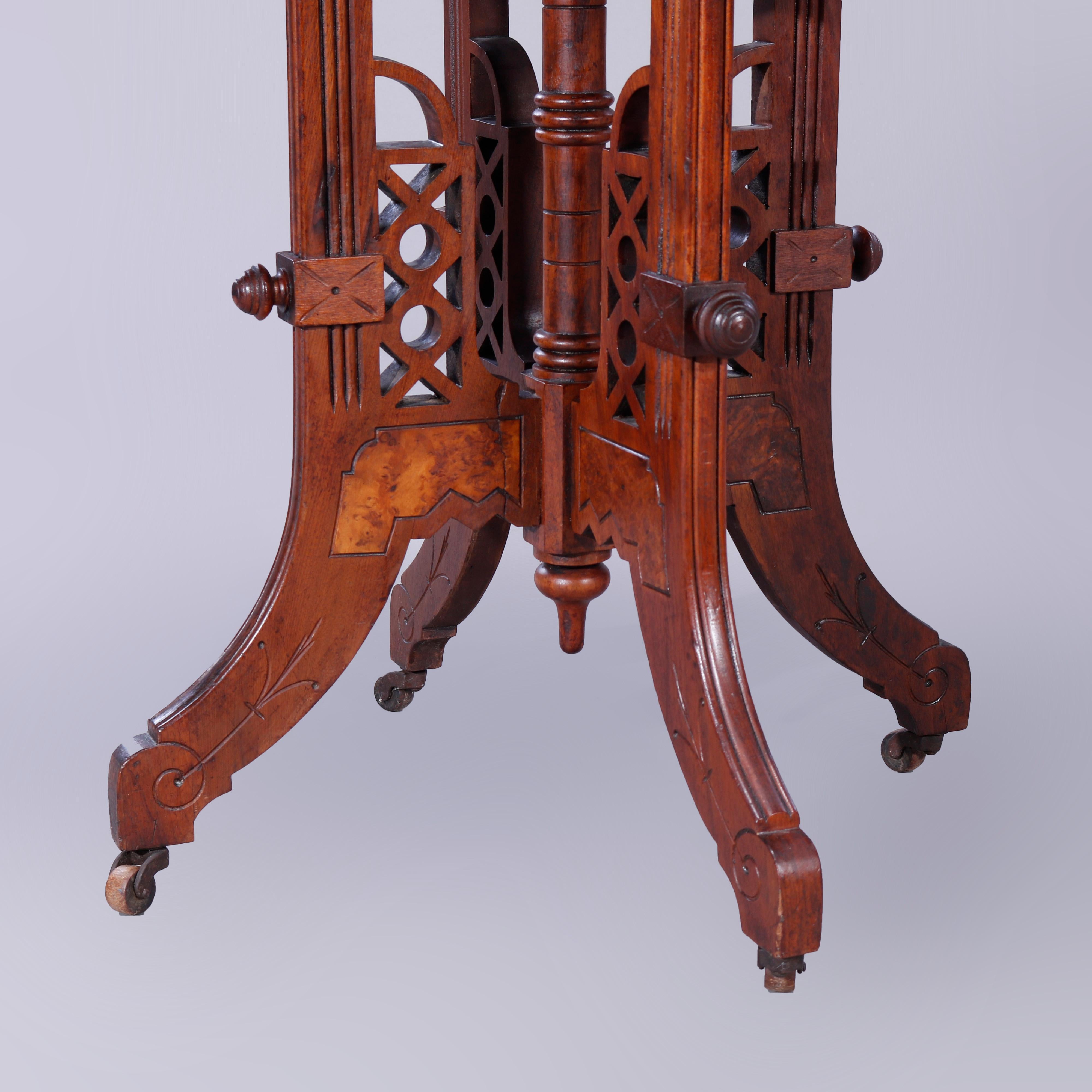 Antique Eastlake Walnut, Burl & Rouge Marble Parlor Table, c1890 4