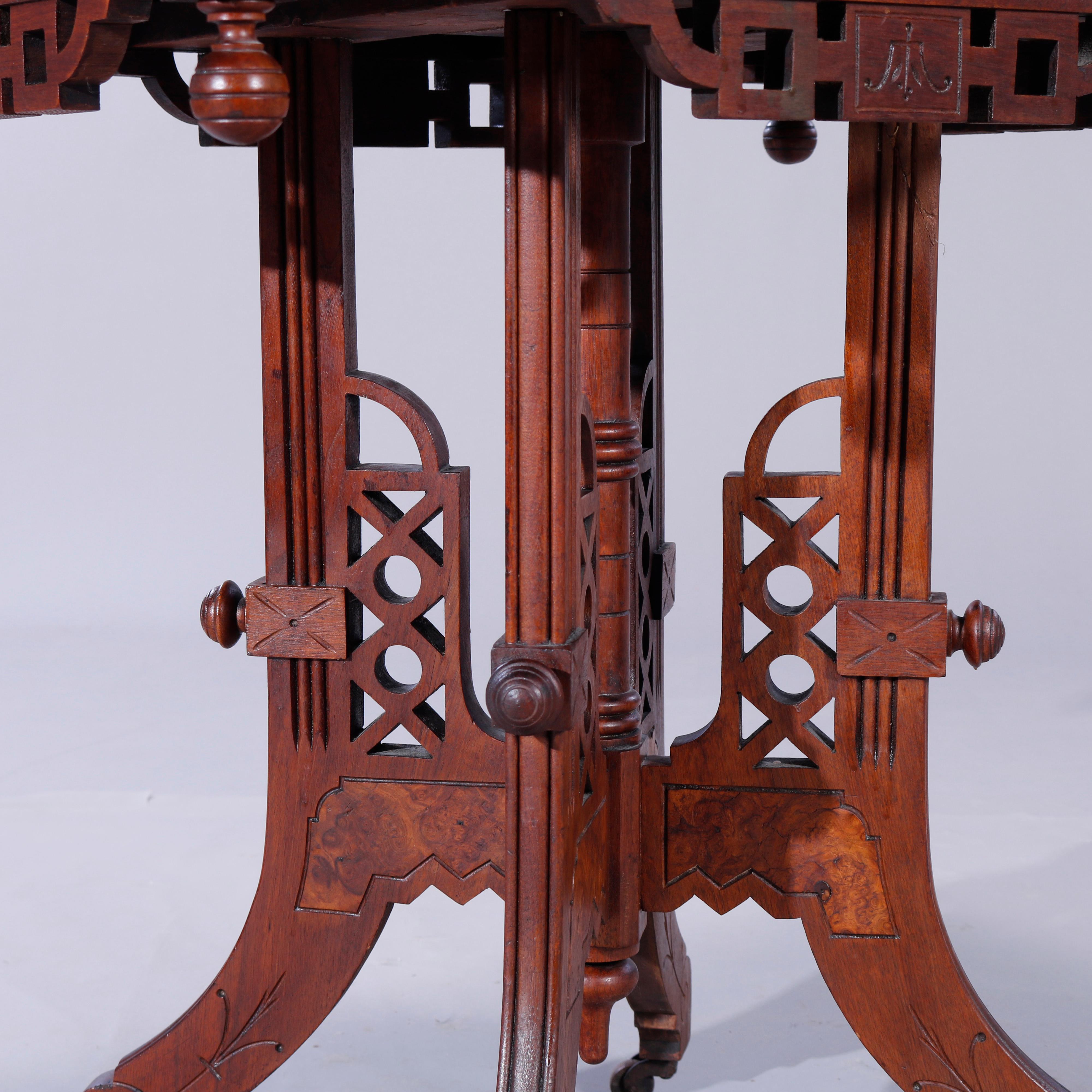 Antiker Parlor-Tisch aus Eastlake-Walnussholz, Wurzelholz und Rouge-Marmor, um 1890 im Angebot 8