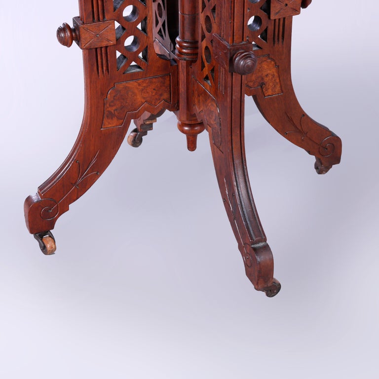 Antique Eastlake Walnut, Burl and Rouge Marble Parlor Table, c1890 For
