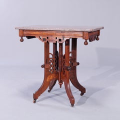 Antique Eastlake Walnut, Burl & Rouge Marble Parlor Table, c1890