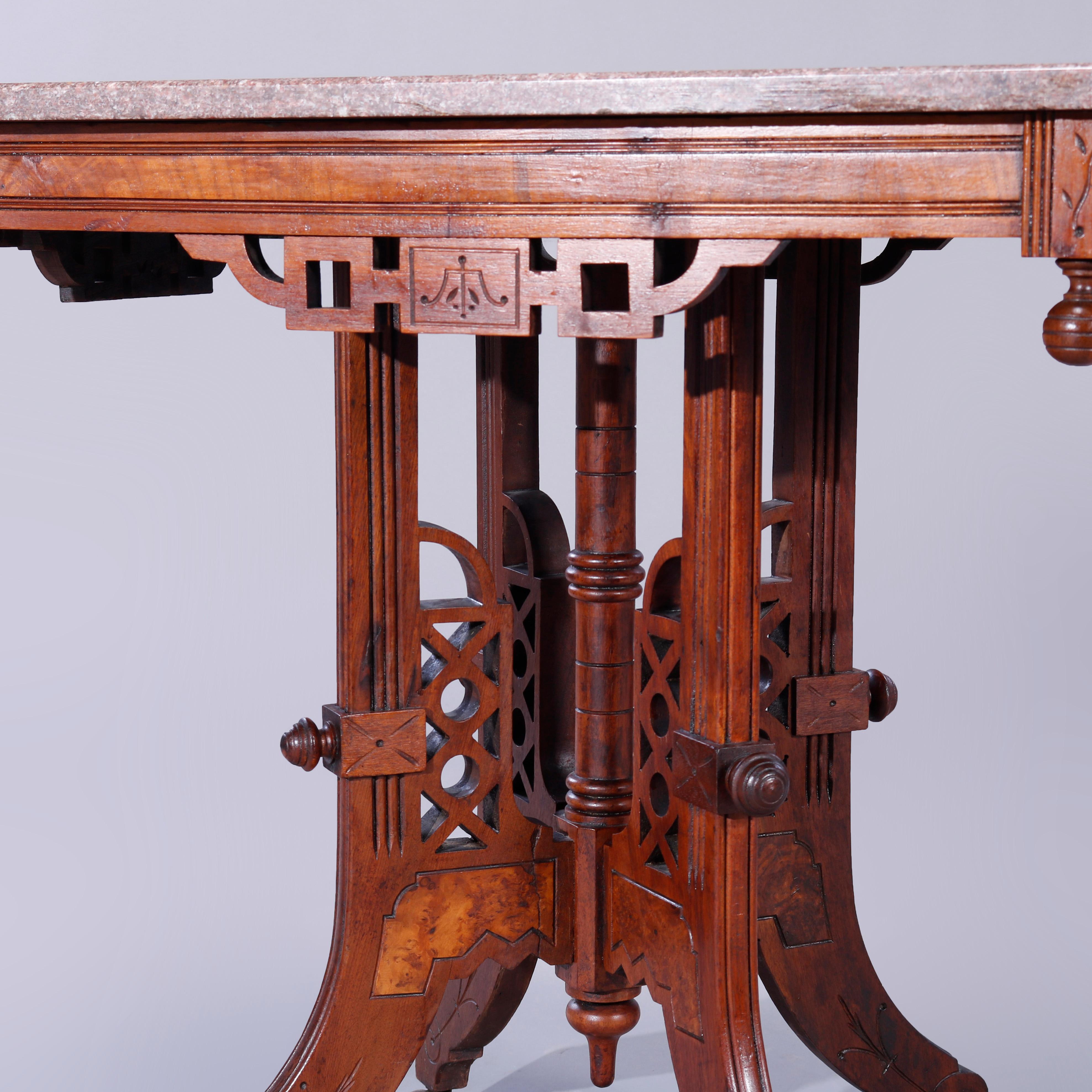 Antiker Parlor-Tisch aus Eastlake-Walnussholz, Wurzelholz und Rouge-Marmor, um 1890 (amerikanisch) im Angebot