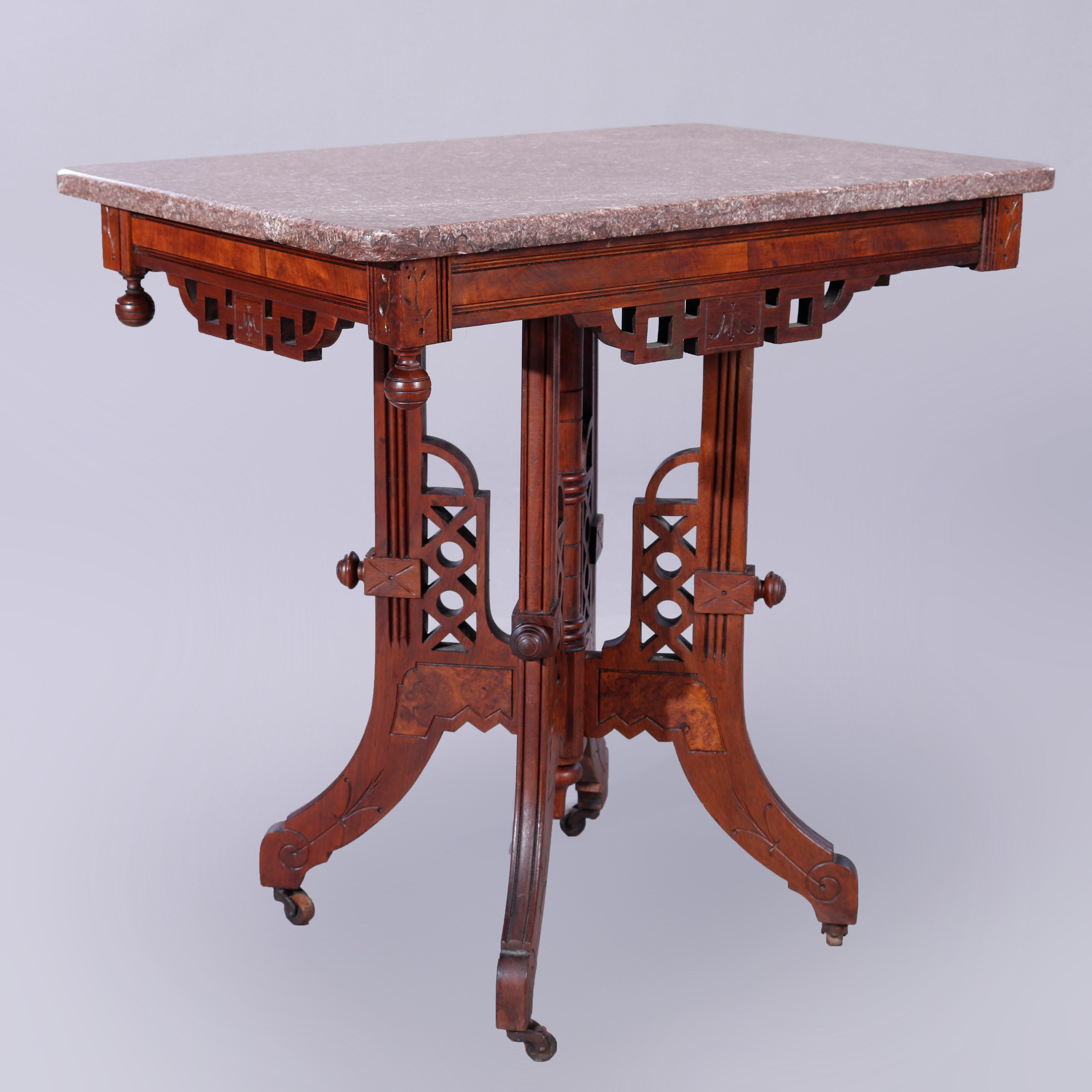 American Antique Eastlake Walnut, Burl & Rouge Marble Parlor Table, c1890 For Sale