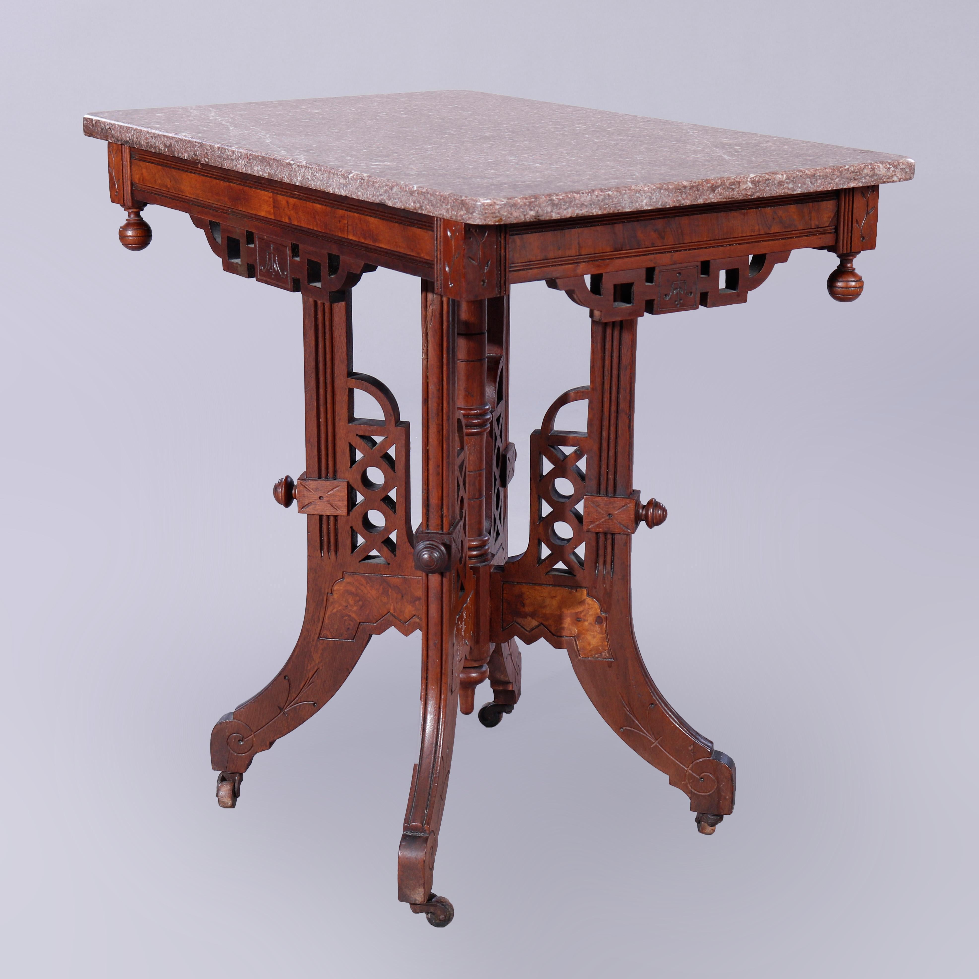 Antiker Parlor-Tisch aus Eastlake-Walnussholz, Wurzelholz und Rouge-Marmor, um 1890 im Angebot 1