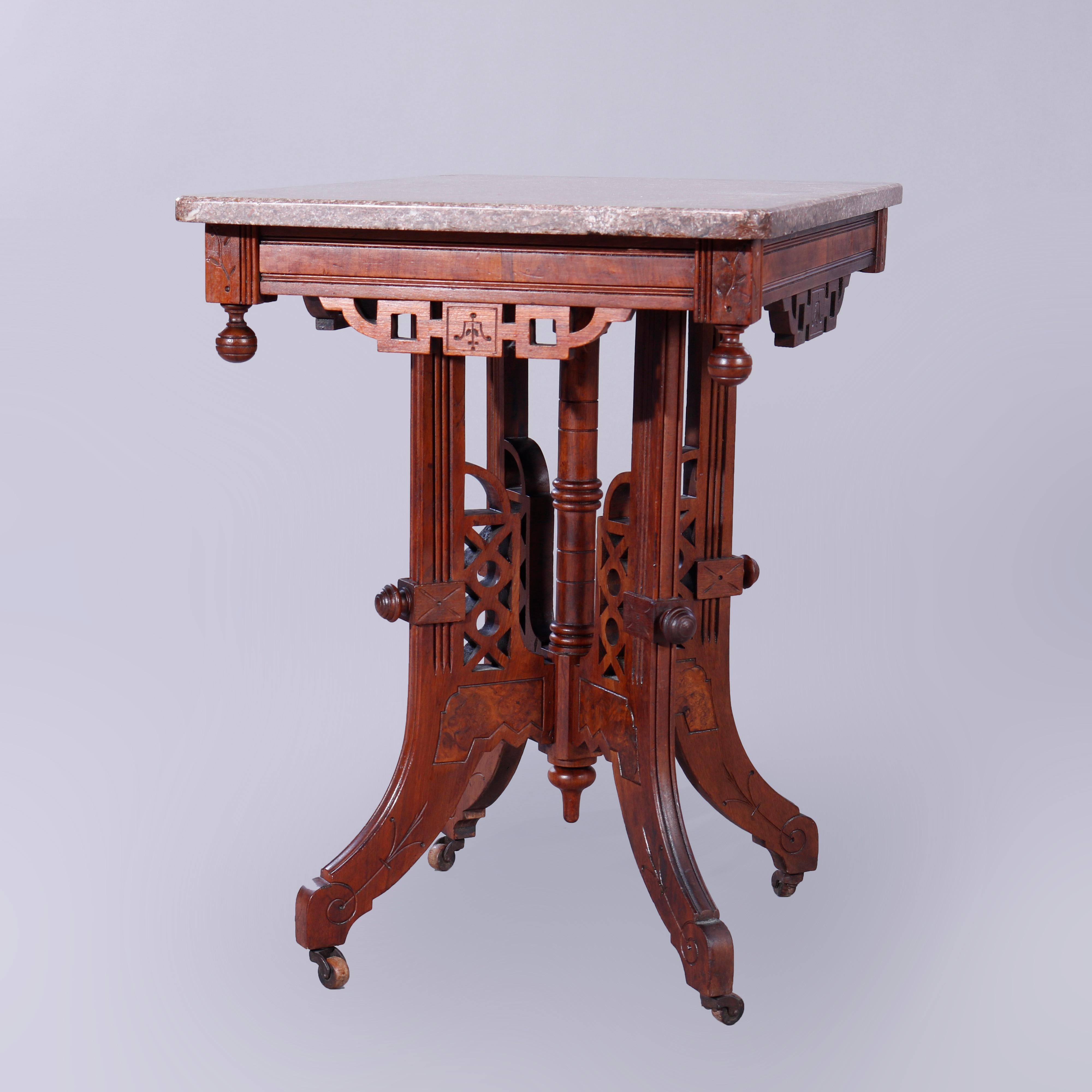 19th Century Antique Eastlake Walnut, Burl & Rouge Marble Parlor Table, c1890 For Sale