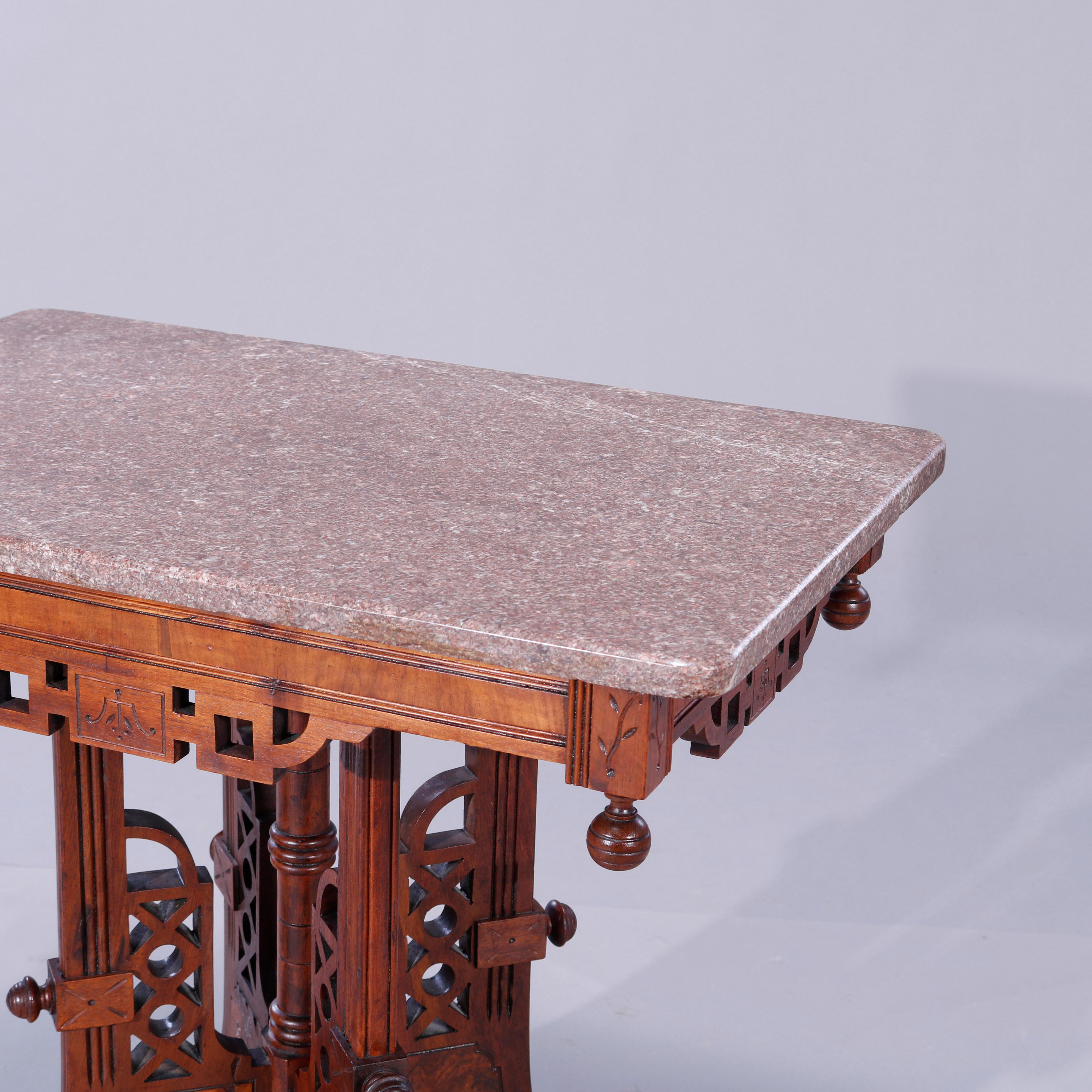 19th Century Antique Eastlake Walnut, Burl & Rouge Marble Parlor Table, c1890
