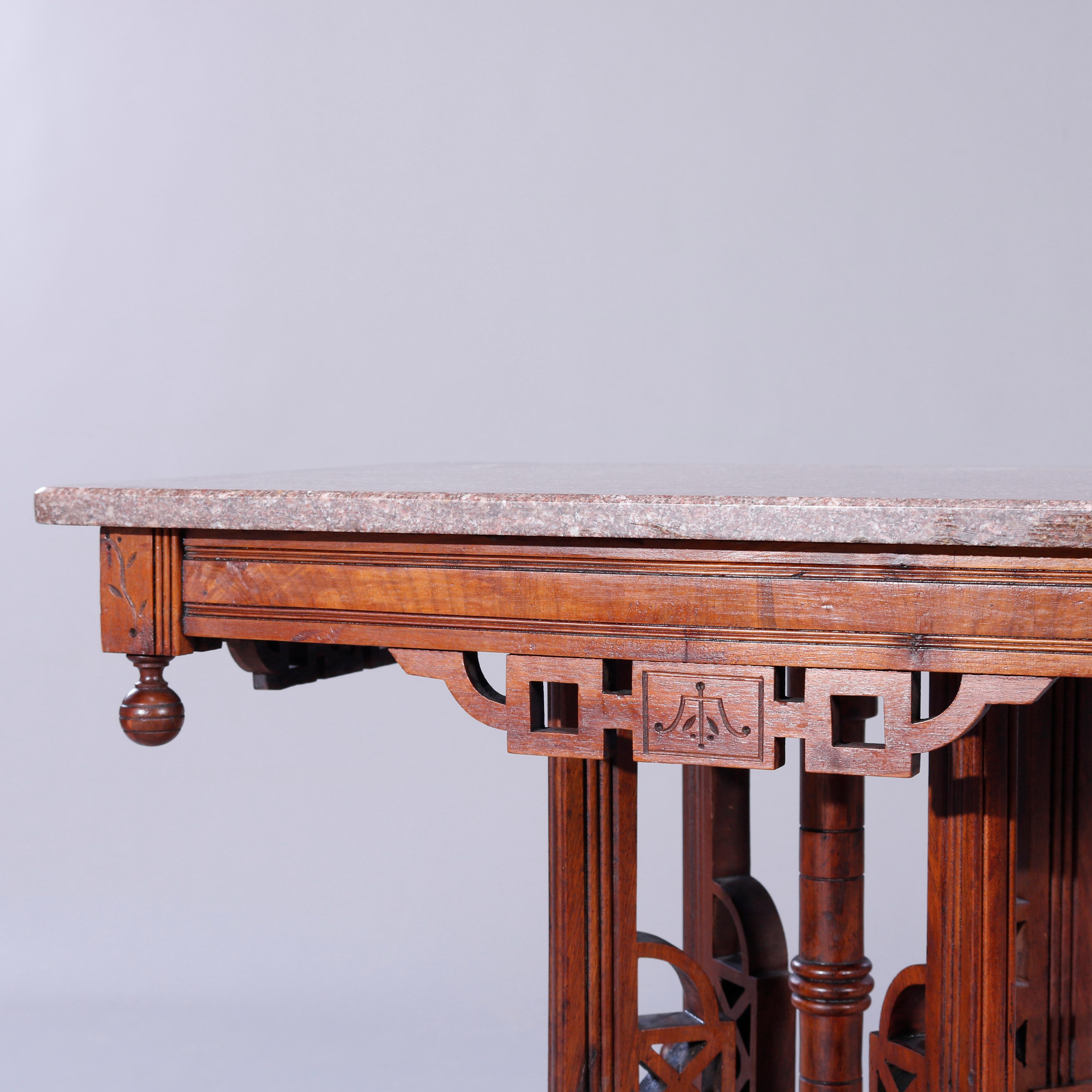 Antique Eastlake Walnut, Burl & Rouge Marble Parlor Table, c1890 1