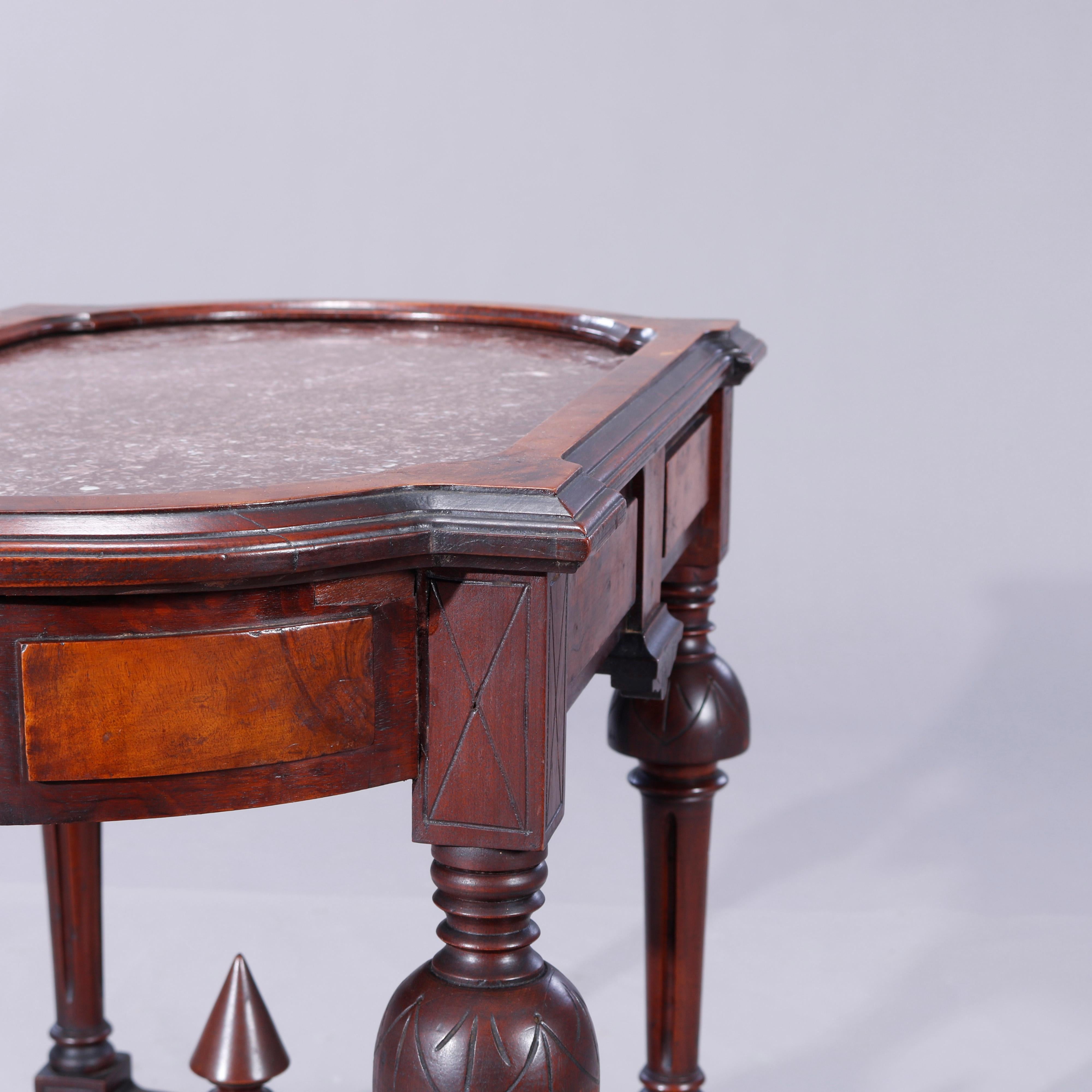 Antique Eastlake Walnut, Burl & Rouge Marble Picture Frame Parlor Table, c1880 2