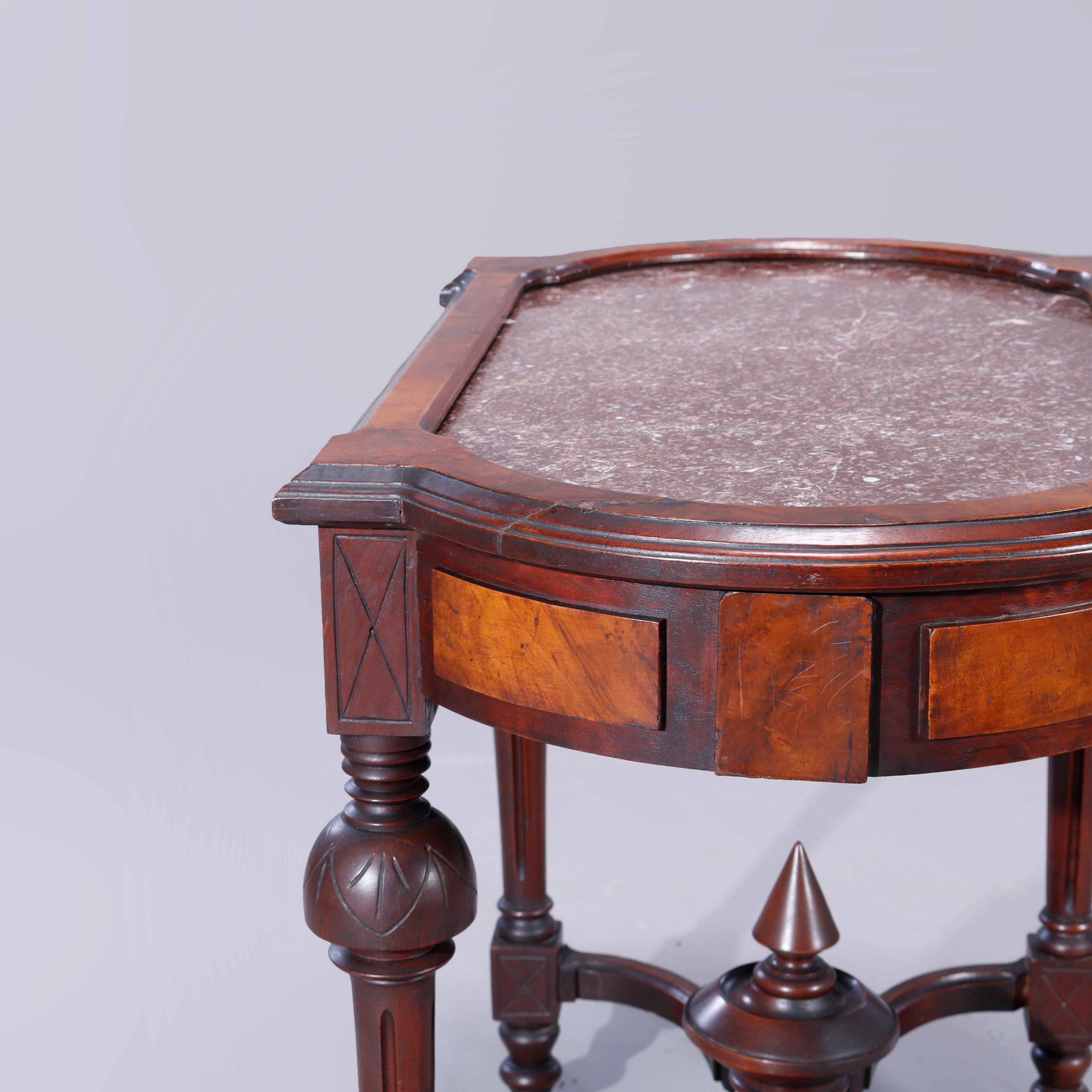 Antique Eastlake Walnut, Burl & Rouge Marble Picture Frame Parlor Table, c1880 3