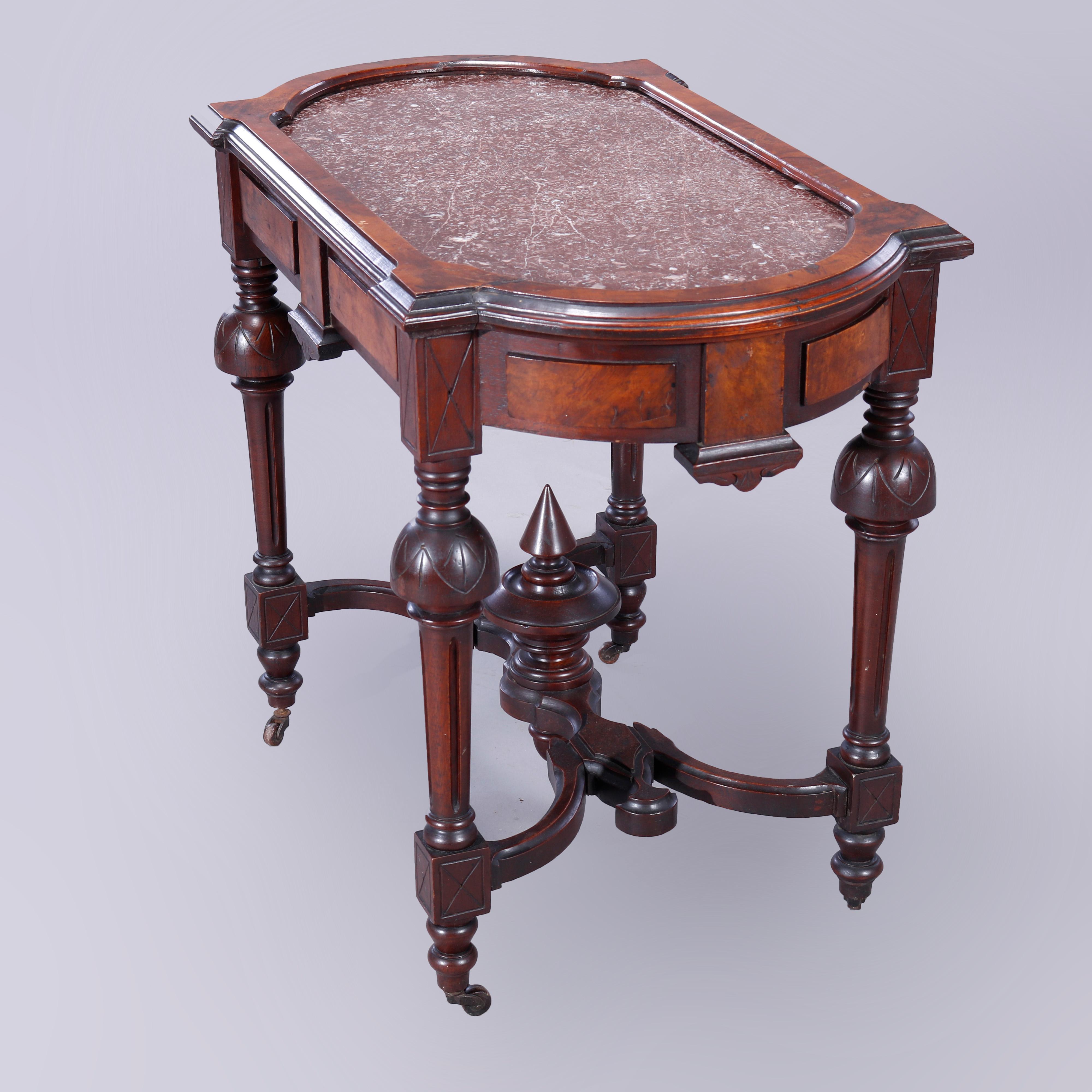 American Antique Eastlake Walnut, Burl & Rouge Marble Picture Frame Parlor Table, c1880