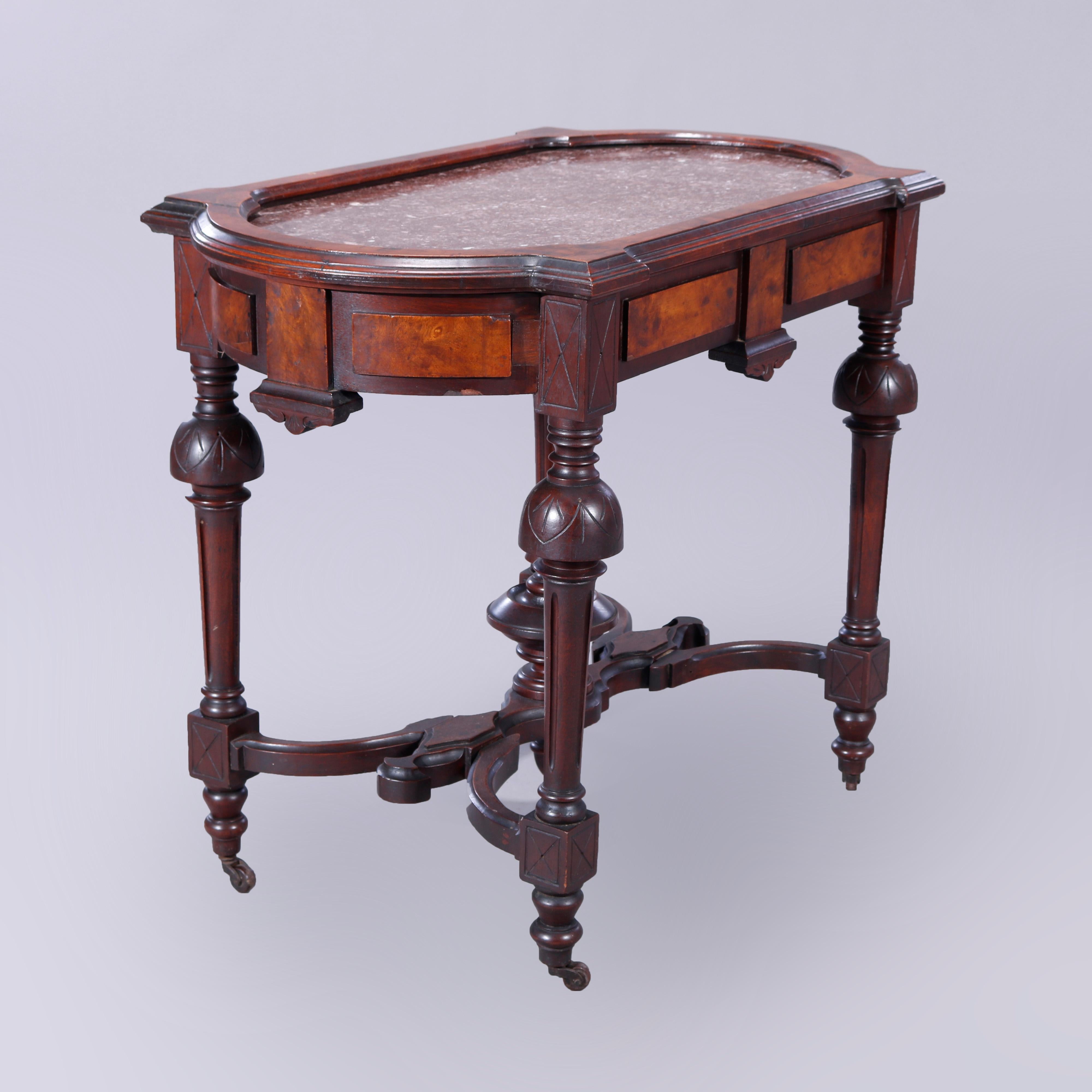 Antique Eastlake Walnut, Burl & Rouge Marble Picture Frame Parlor Table, c1880 In Good Condition In Big Flats, NY