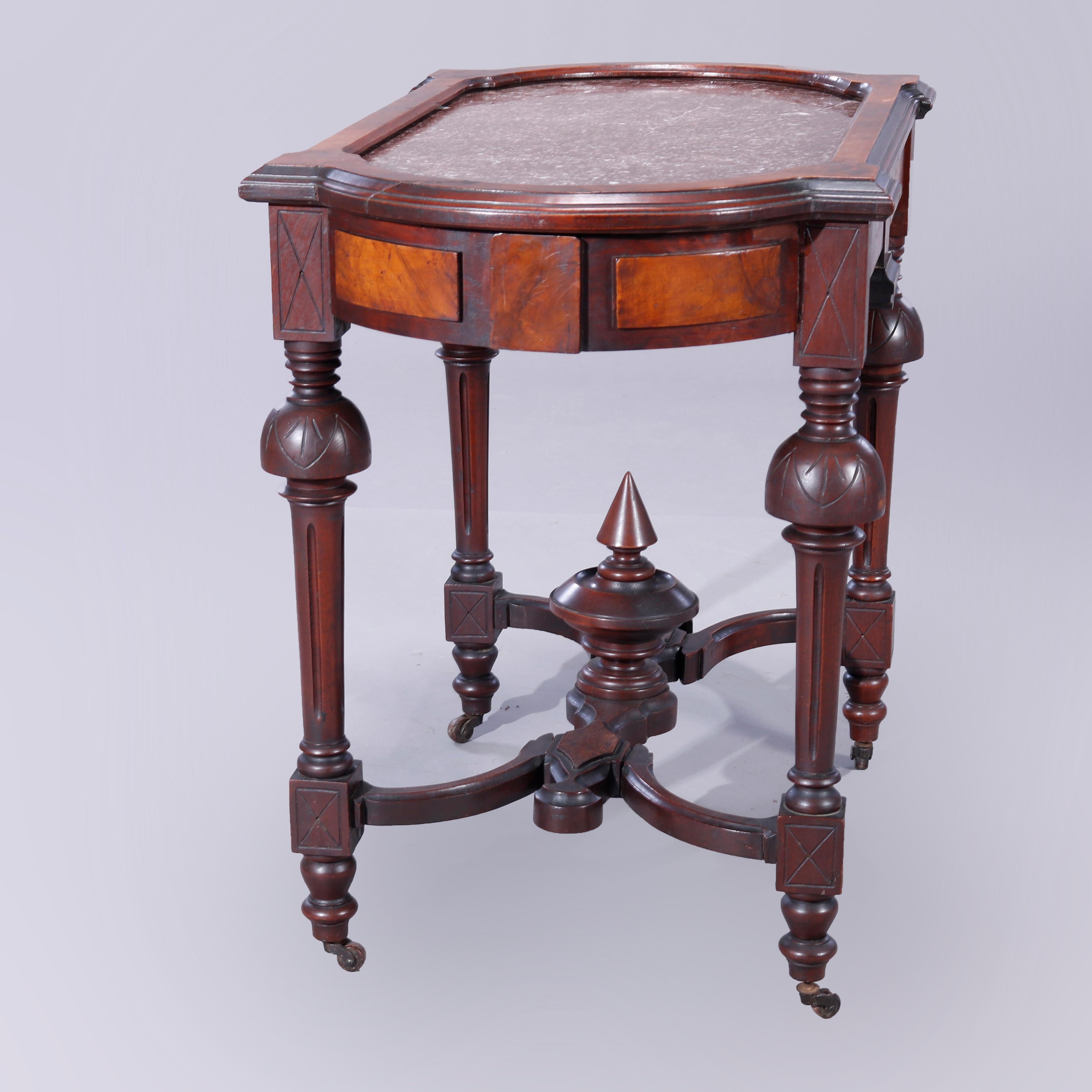 19th Century Antique Eastlake Walnut, Burl & Rouge Marble Picture Frame Parlor Table, c1880