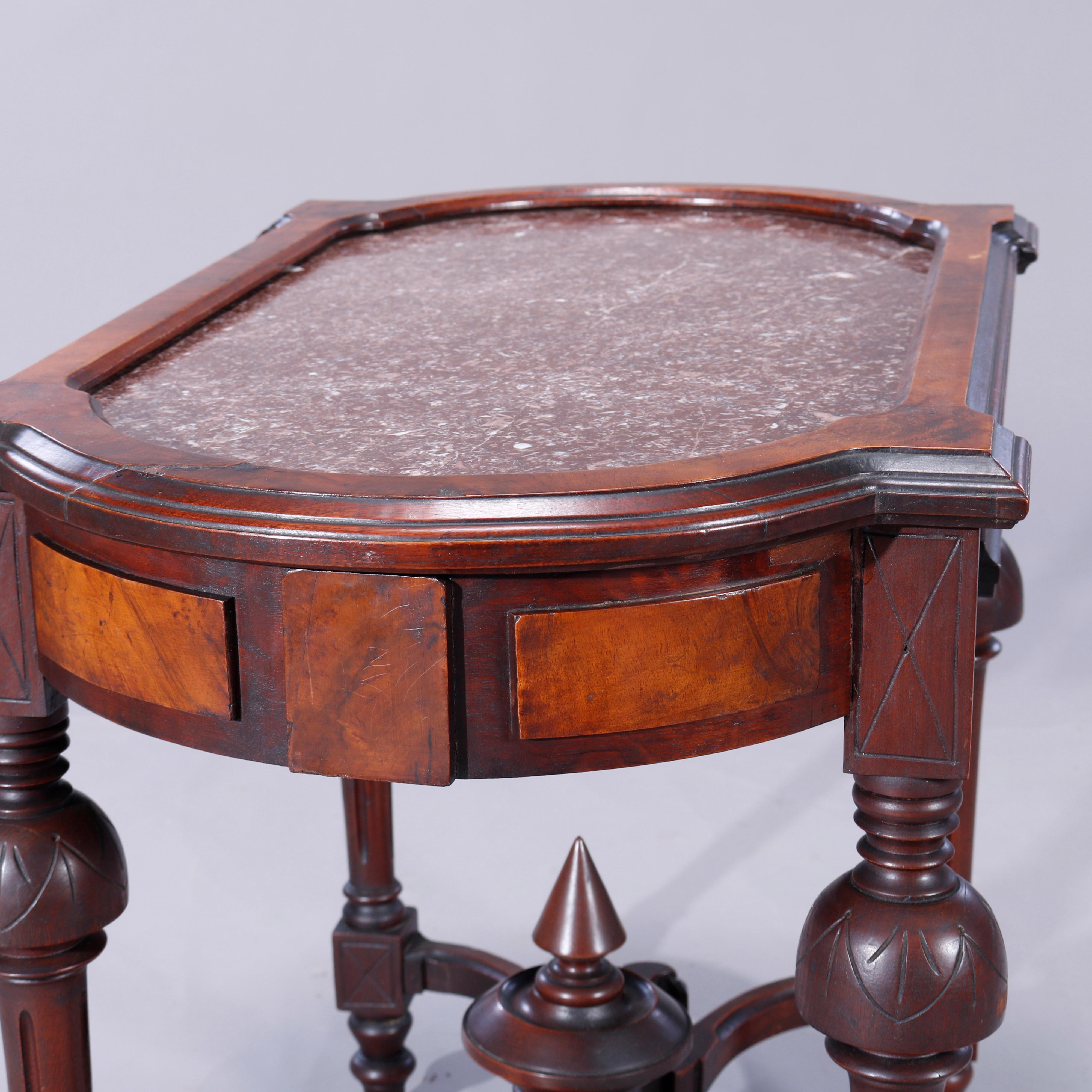 Antique Eastlake Walnut, Burl & Rouge Marble Picture Frame Parlor Table, c1880 1