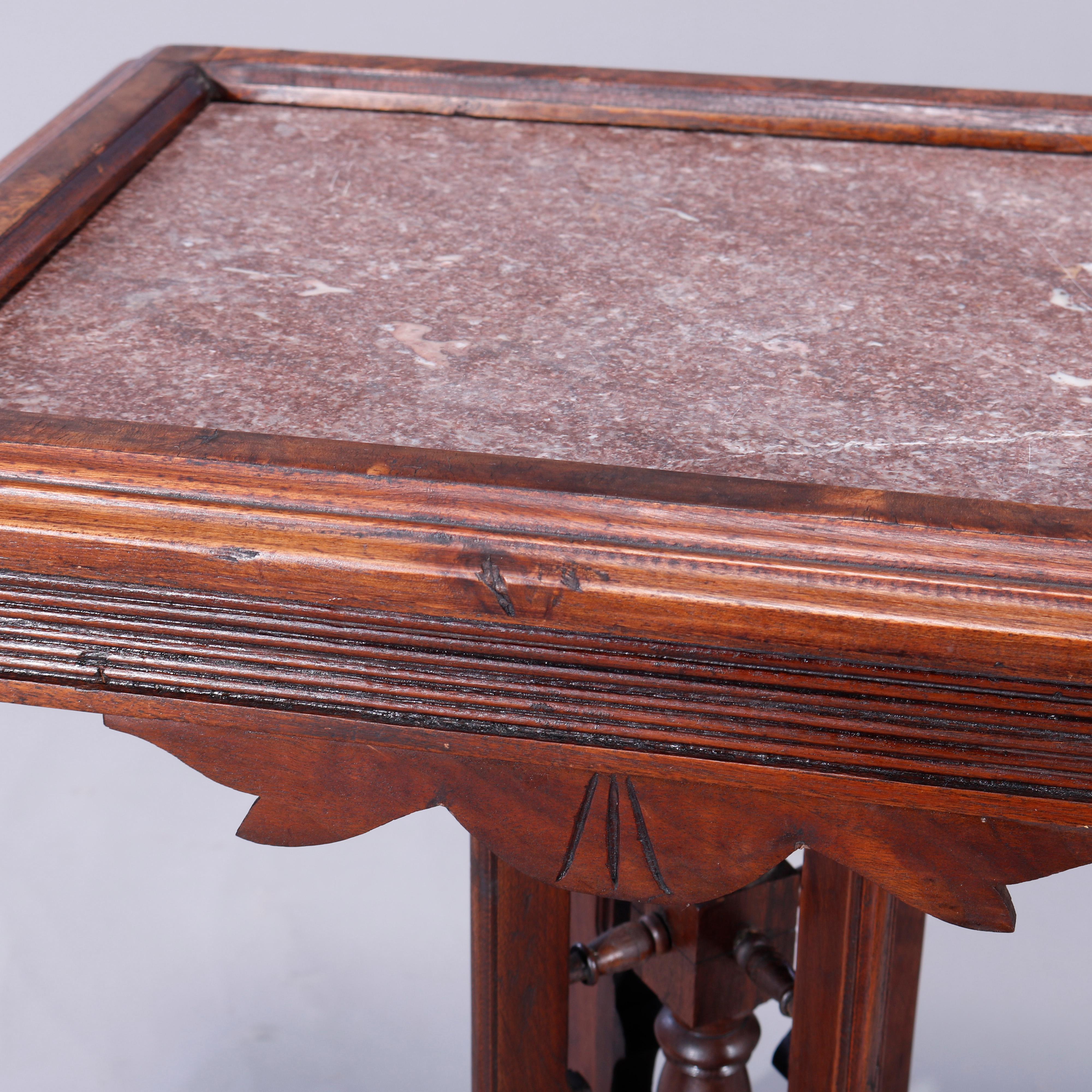 American Antique Eastlake Walnut, Burl & Rouge Marble Picture Frame Parlor Table, c1890