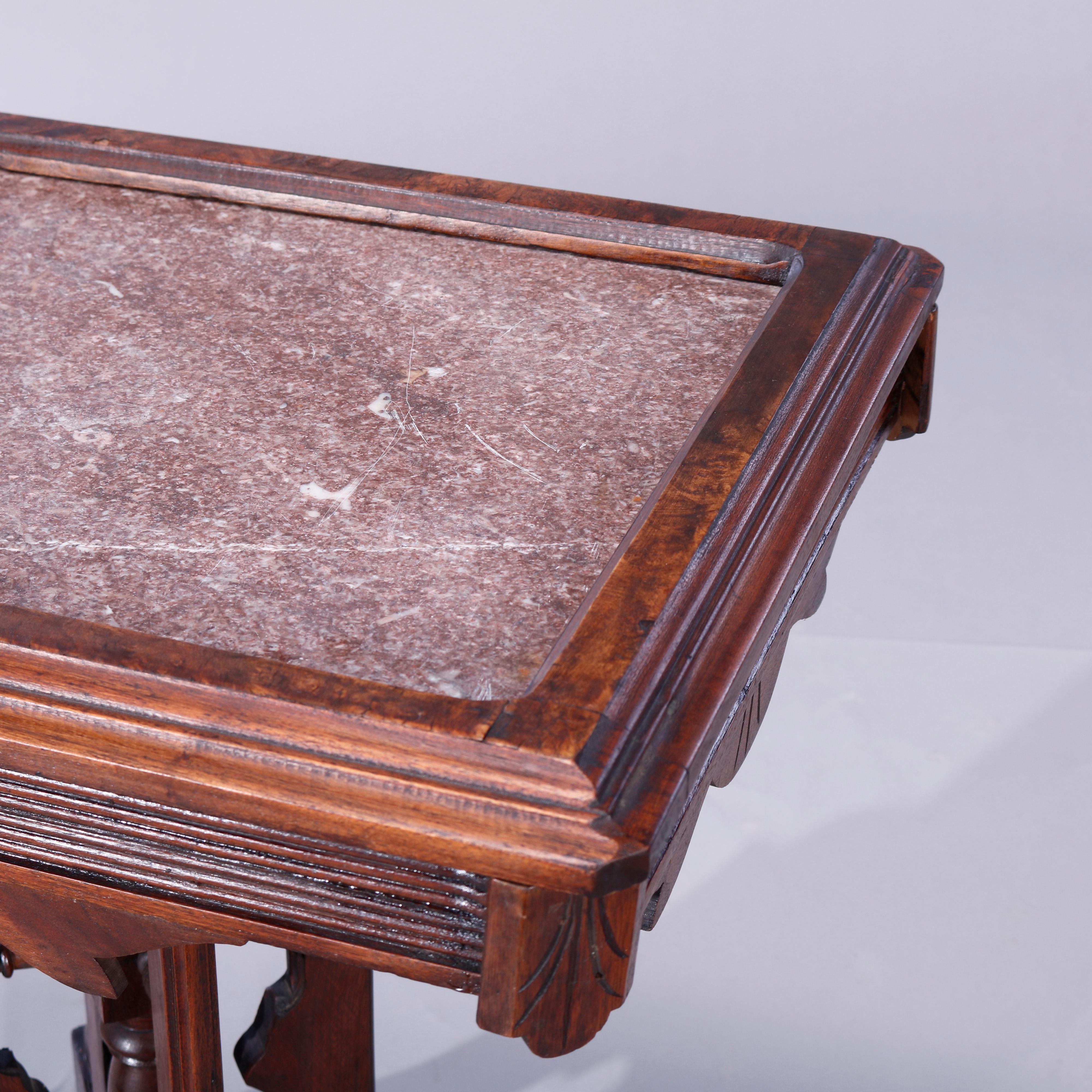 Antique Eastlake Walnut, Burl & Rouge Marble Picture Frame Parlor Table, c1890 In Good Condition In Big Flats, NY