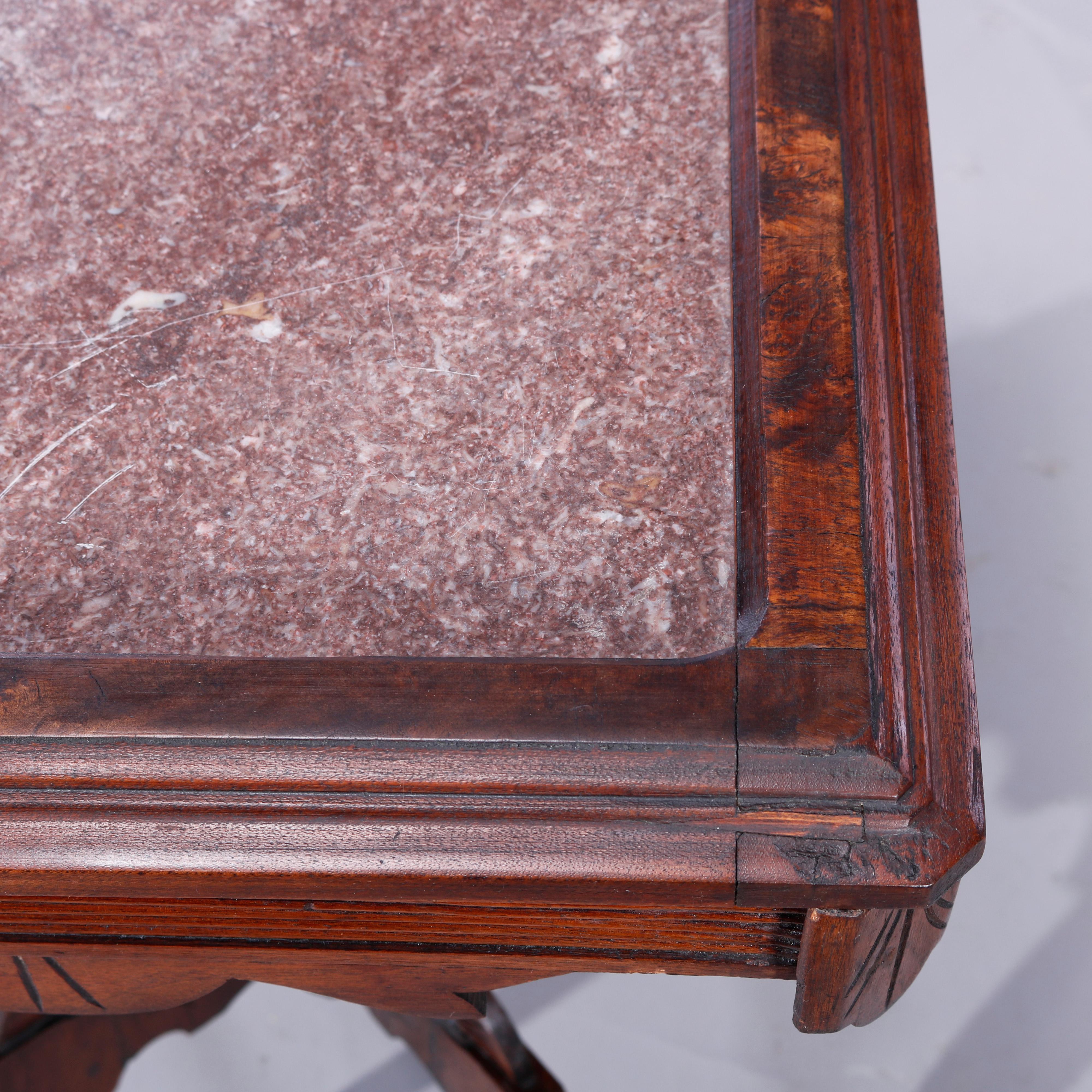 Antique Eastlake Walnut, Burl & Rouge Marble Picture Frame Parlor Table, c1890 1