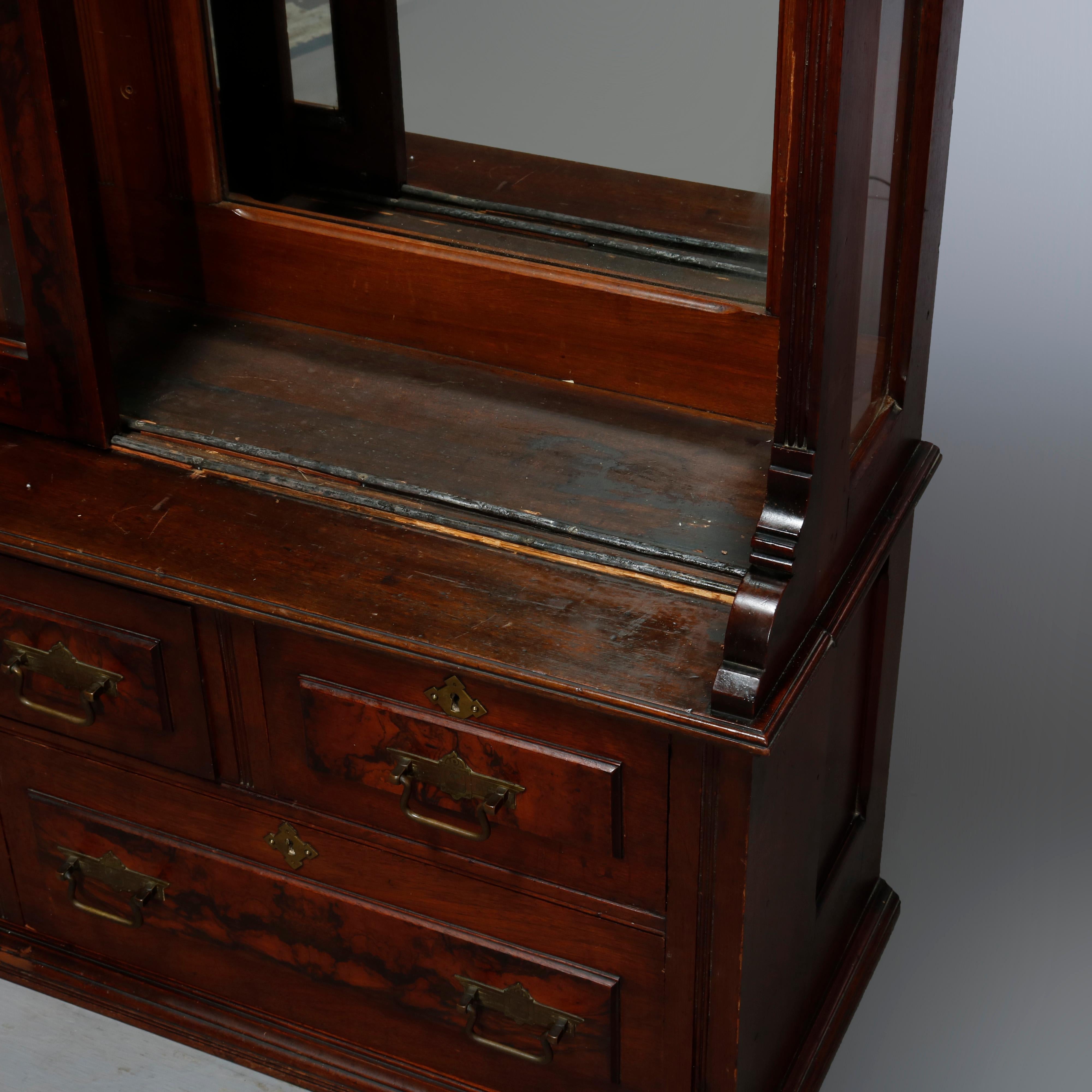 Antique Eastlake Walnut & Burl Sliding Door Display Case, Circa 1890 4