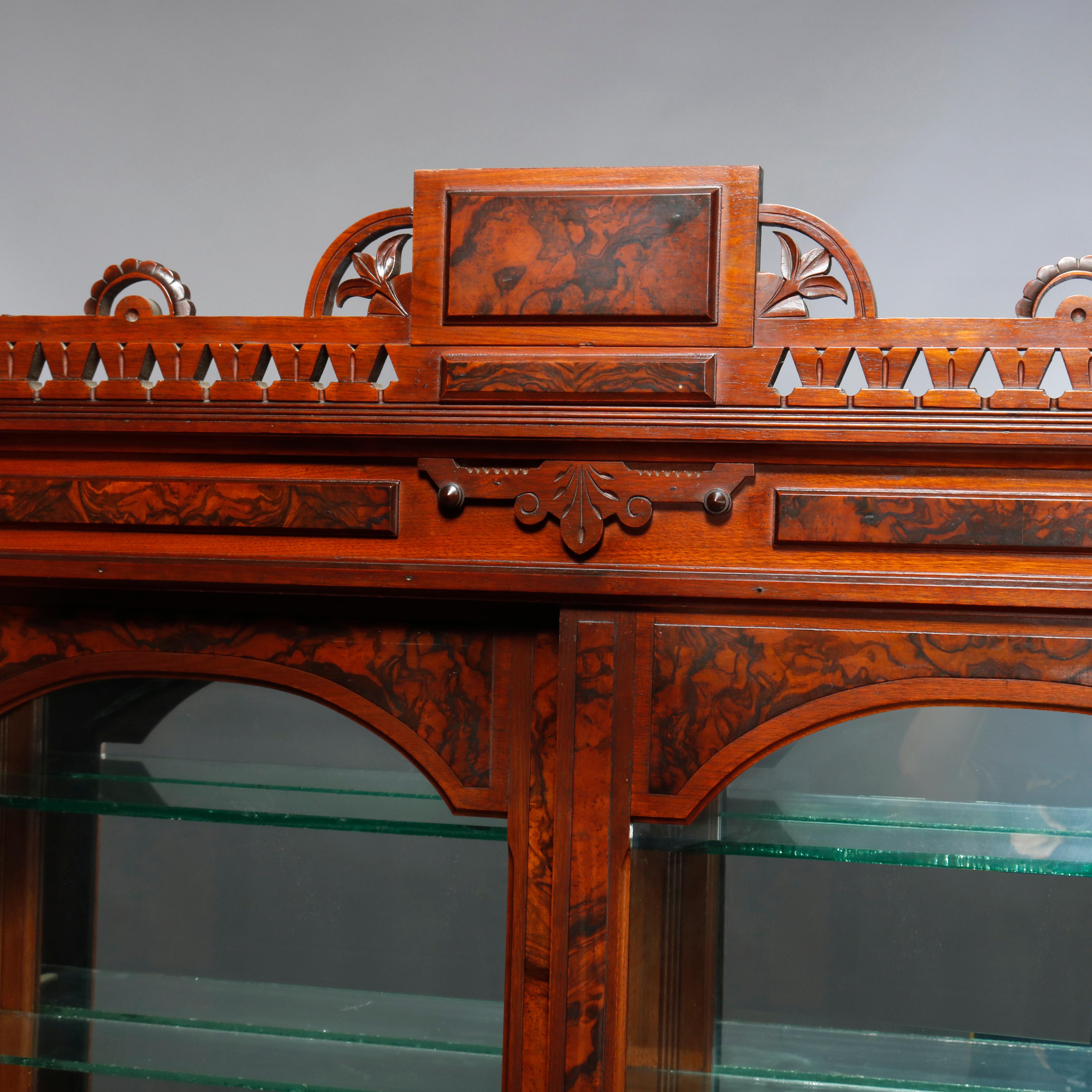 American Antique Eastlake Walnut & Burl Sliding Door Display Case, Circa 1890