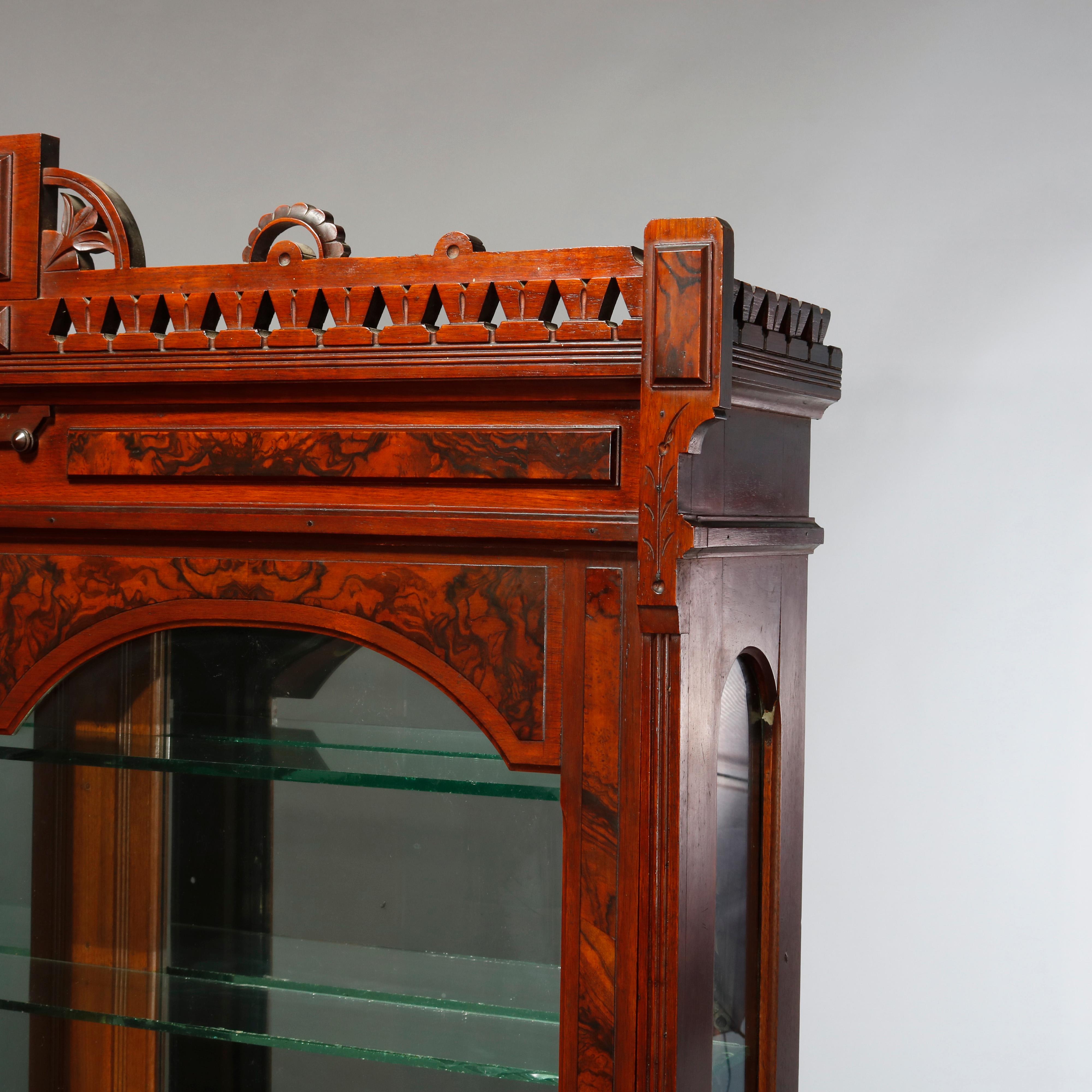 Carved Antique Eastlake Walnut & Burl Sliding Door Display Case, Circa 1890