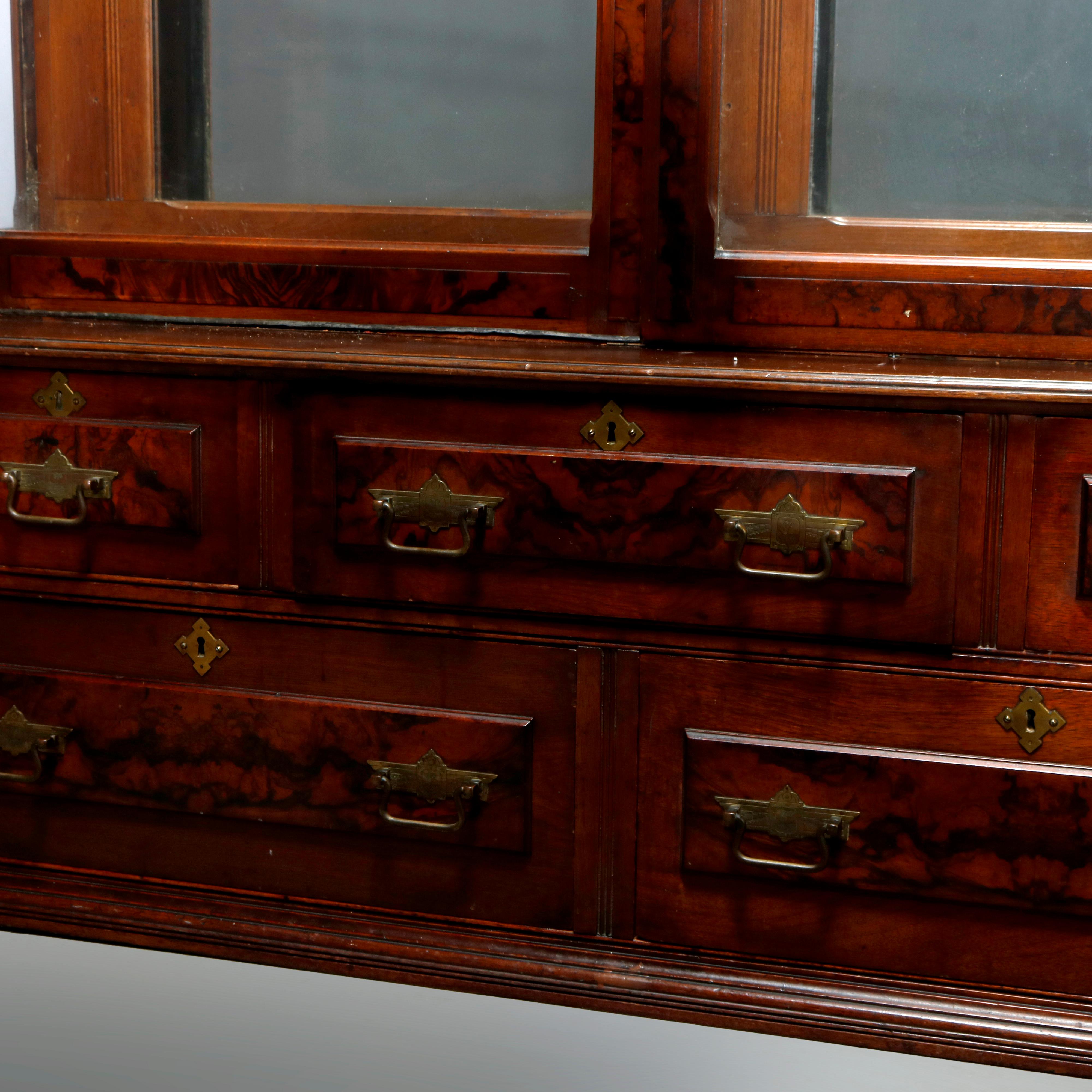 Antique Eastlake Walnut & Burl Sliding Door Display Case, Circa 1890 In Good Condition In Big Flats, NY