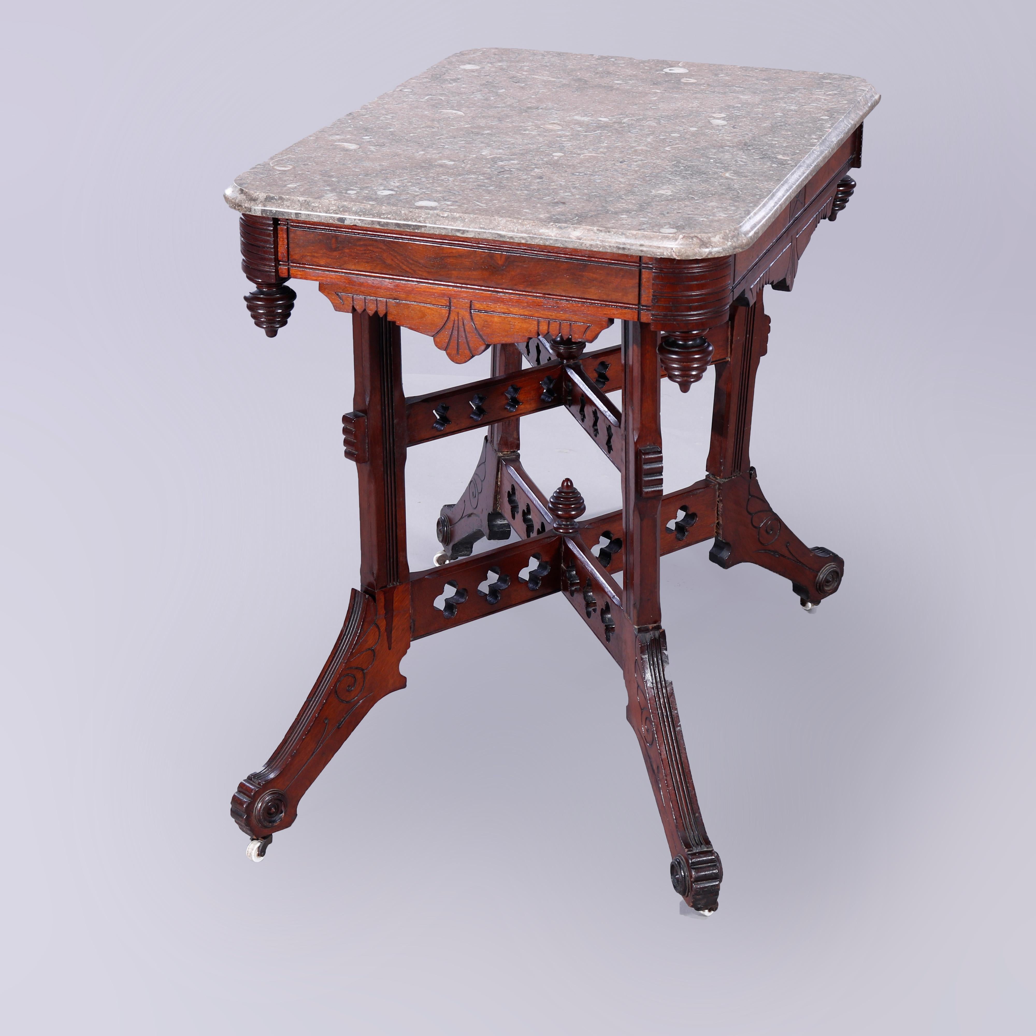 American Antique Eastlake Walnut, Burl & Specimen Marble Parlor Table, c1890