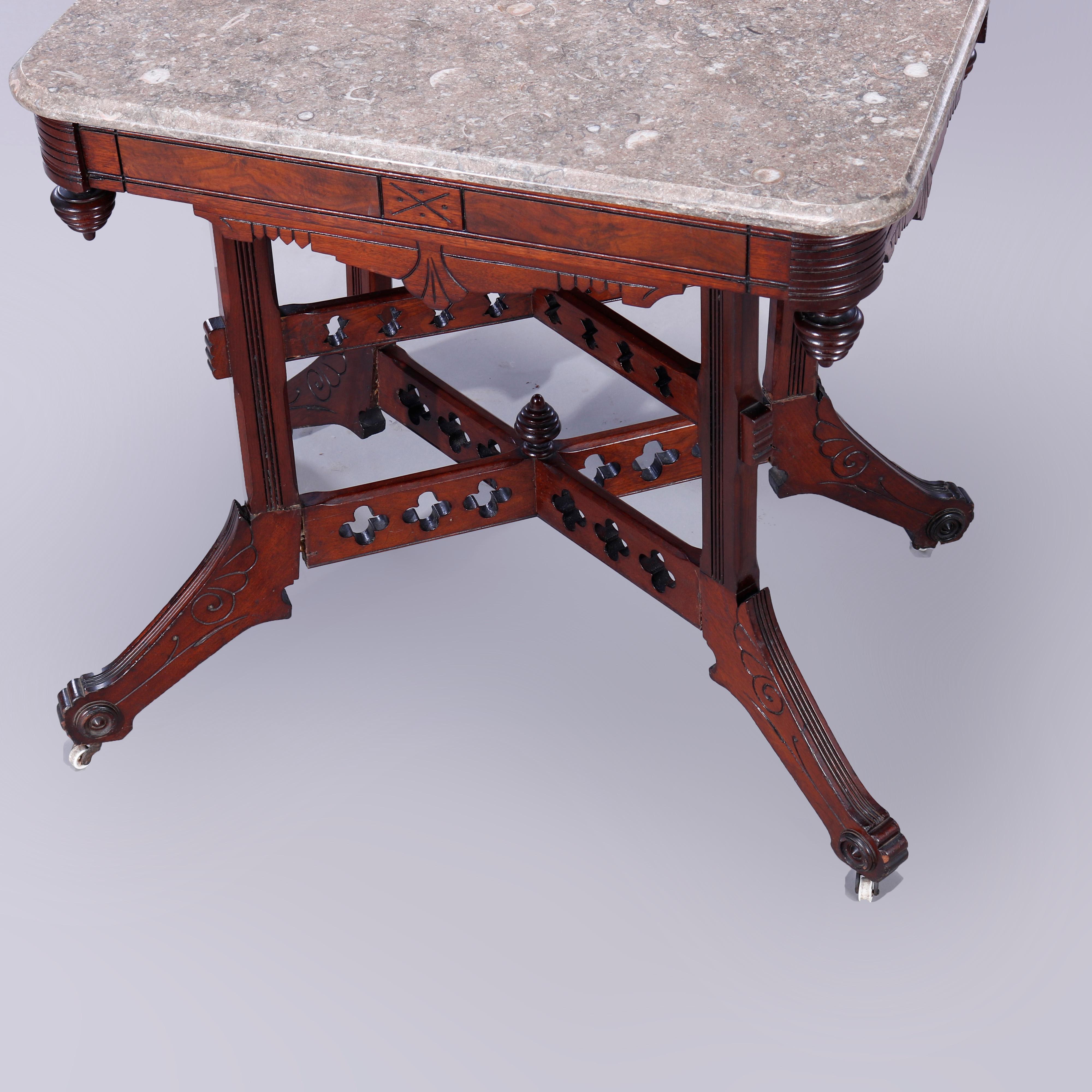 19th Century Antique Eastlake Walnut, Burl & Specimen Marble Parlor Table, c1890