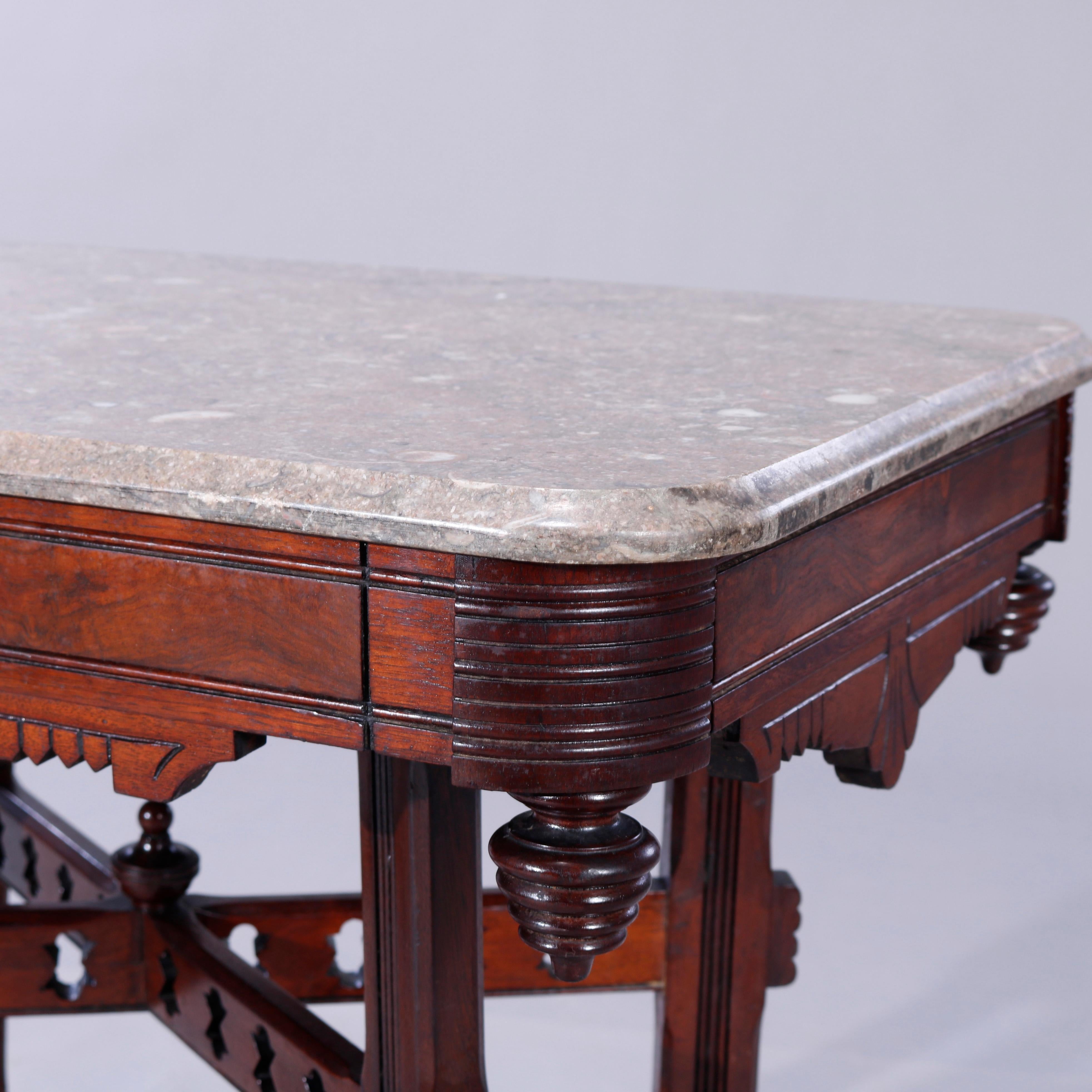 Antique Eastlake Walnut, Burl & Specimen Marble Parlor Table, c1890 2