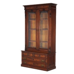 Antique Eastlake Walnut & Burl Two-Door & Four-Drawer Enclosed Bookcase C1890