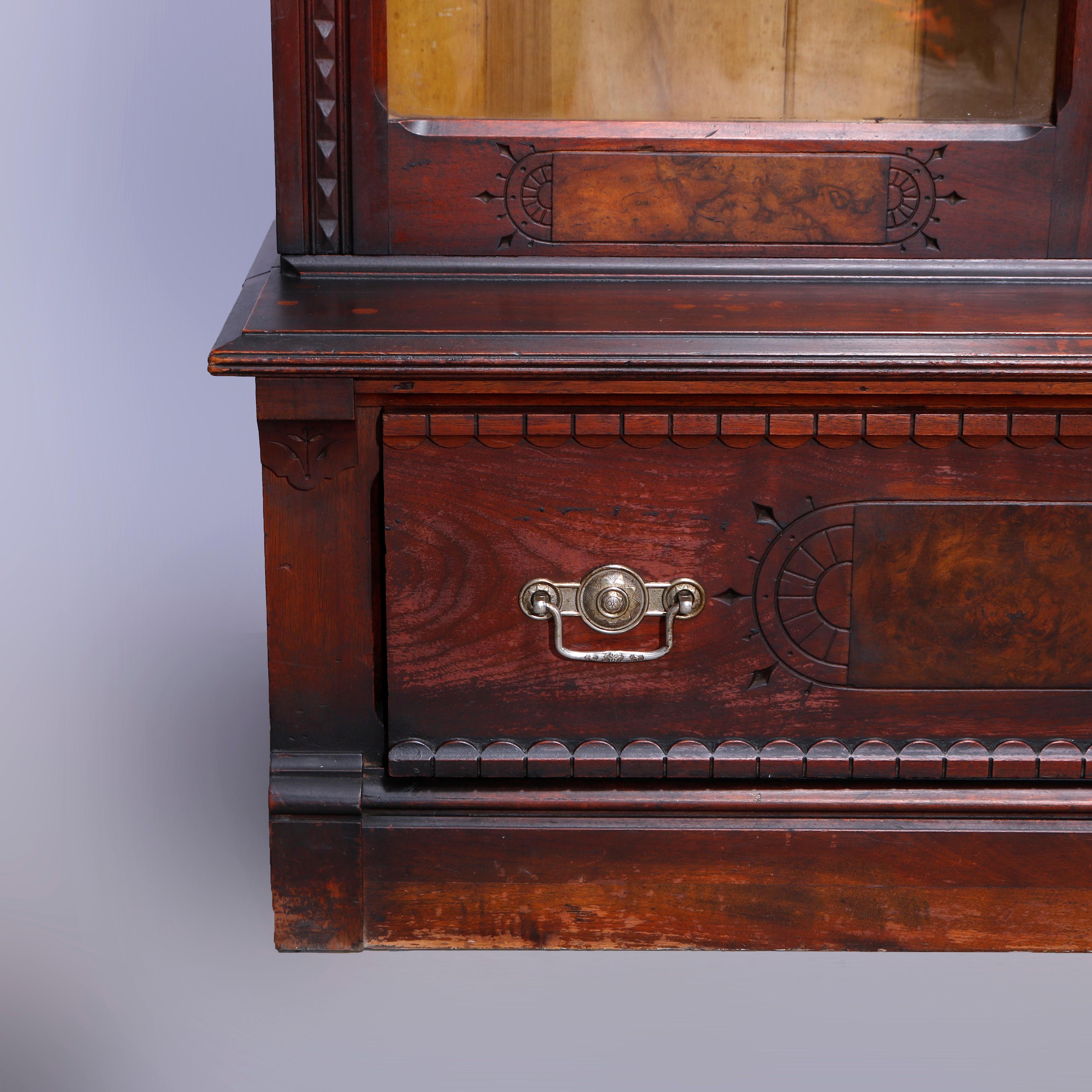 Antique Eastlake Walnut & Burl Two Door Over Two Drawer Bookcase, c1890 4